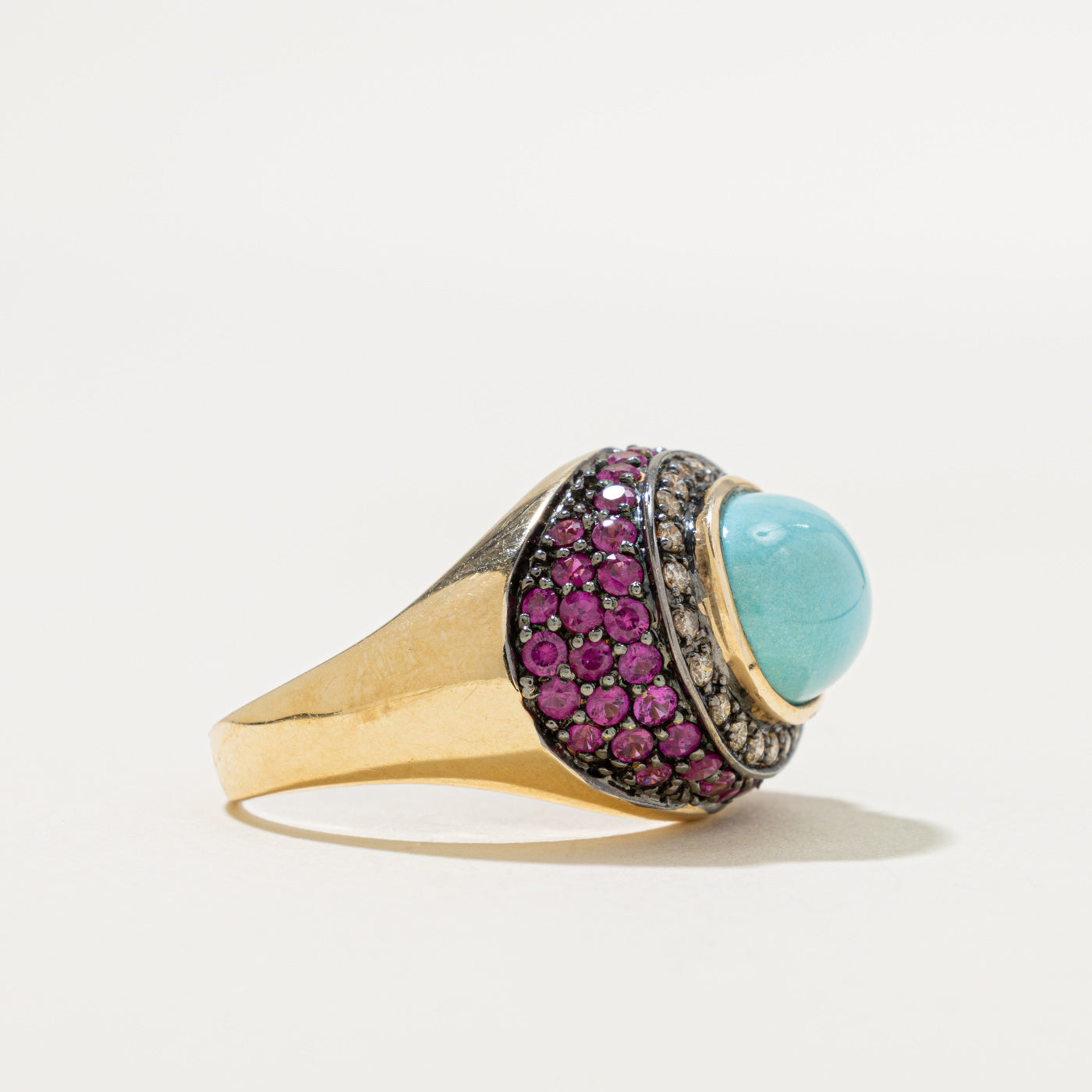14k East West Turquoise, Pink Sapphire & Diamond Halo Dome Ring | 7.80ctw, 0.36ctw | SZ 10.25