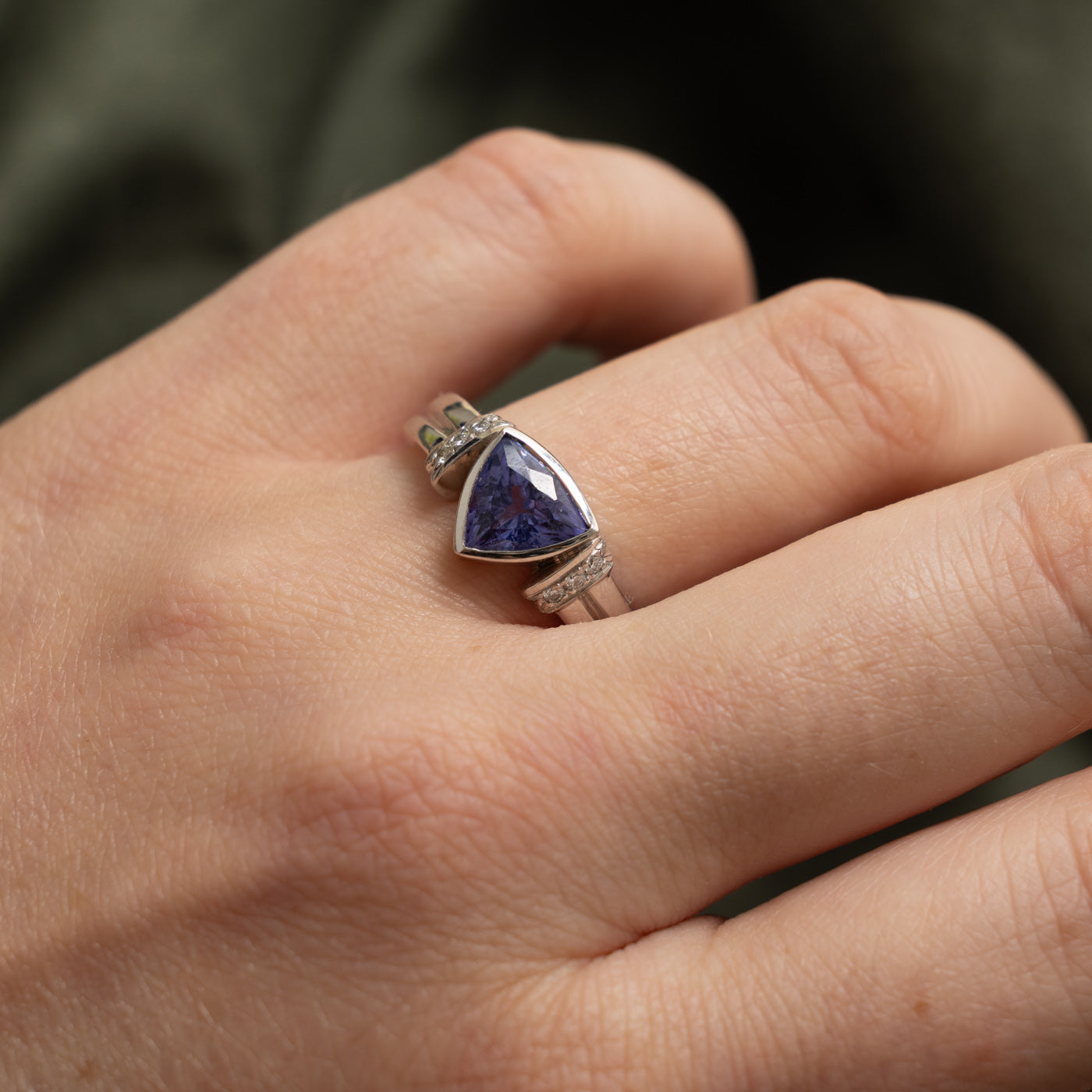 14k Bezel Set Trillion Cut Tanzanite & Diamond Grooved Ring | 1.80ct, 0.10ctw | SZ 8