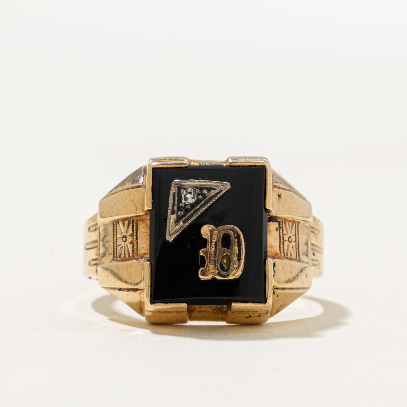 10k Onyx & Diamond "D" Initial Signet Ring | 3.60ct, 0.02ct | SZ 10.75