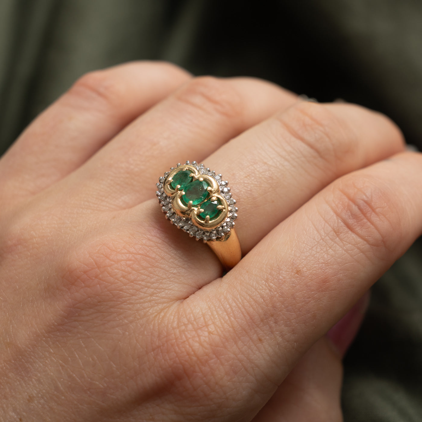 14k Three Stone Emerald & Diamond Petal Halo Ring | 0.50ctw, 0.16ctw | SZ 7