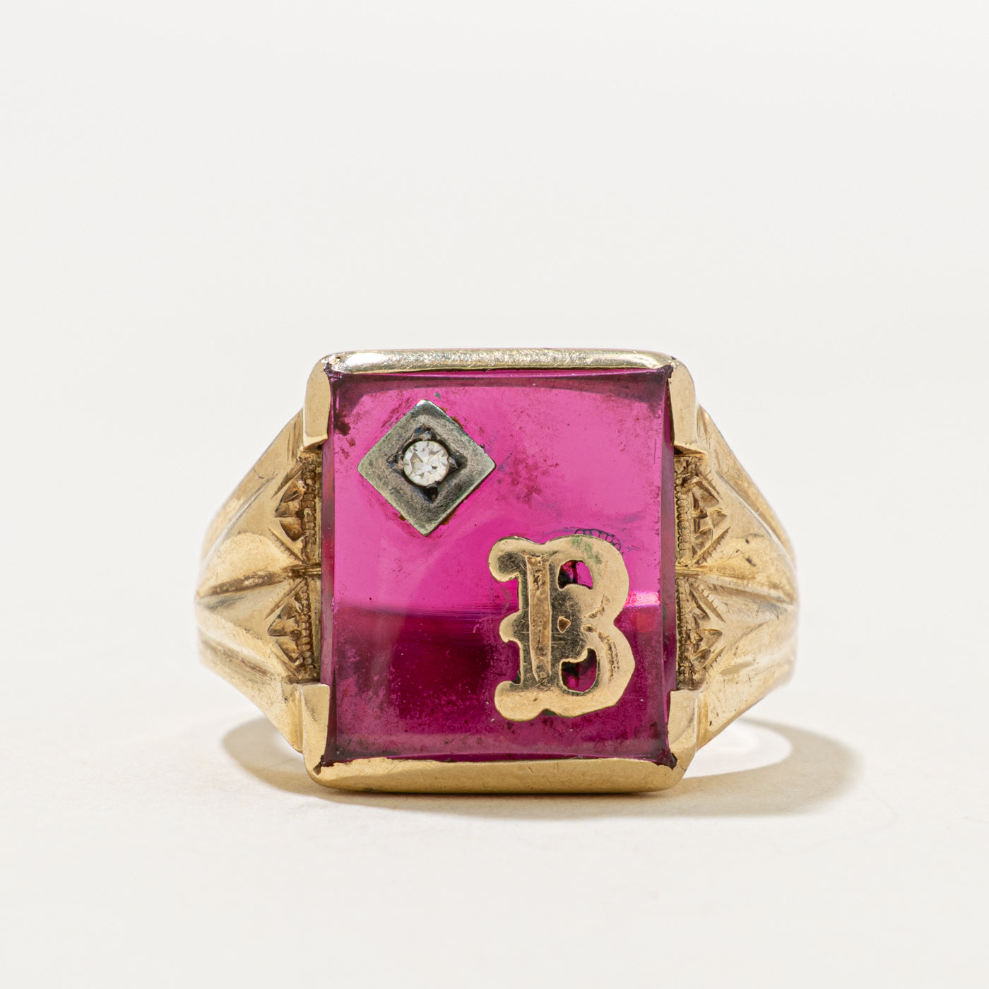 10k Synthetic Ruby & Diamond "B" Initial Signet Ring | 7.30ct, 0.01ct | SZ 8.5