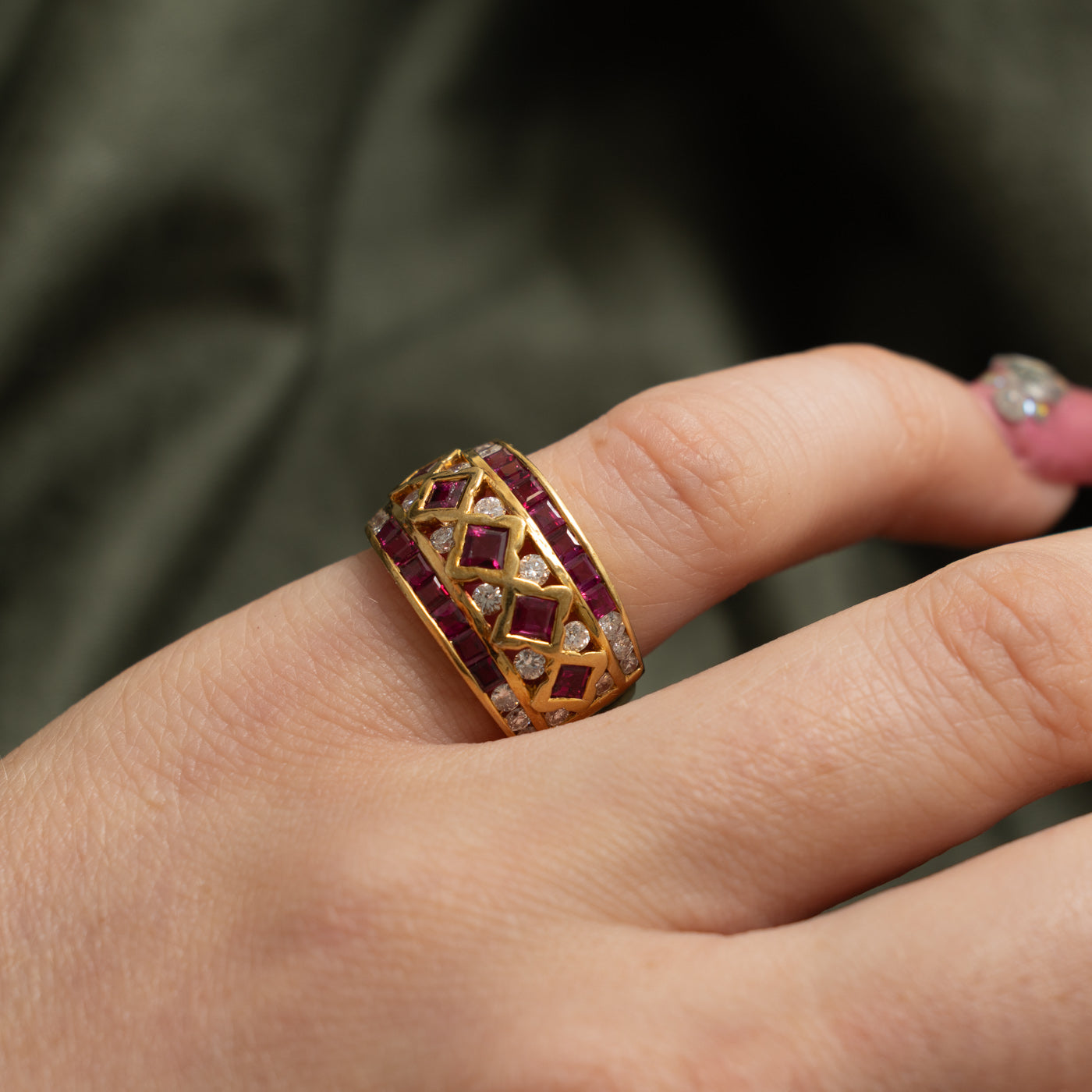18k Multi Row Ruby & Diamond Geometric Cocktail Ring | 1.30ct, 0.44ctw | SZ 5