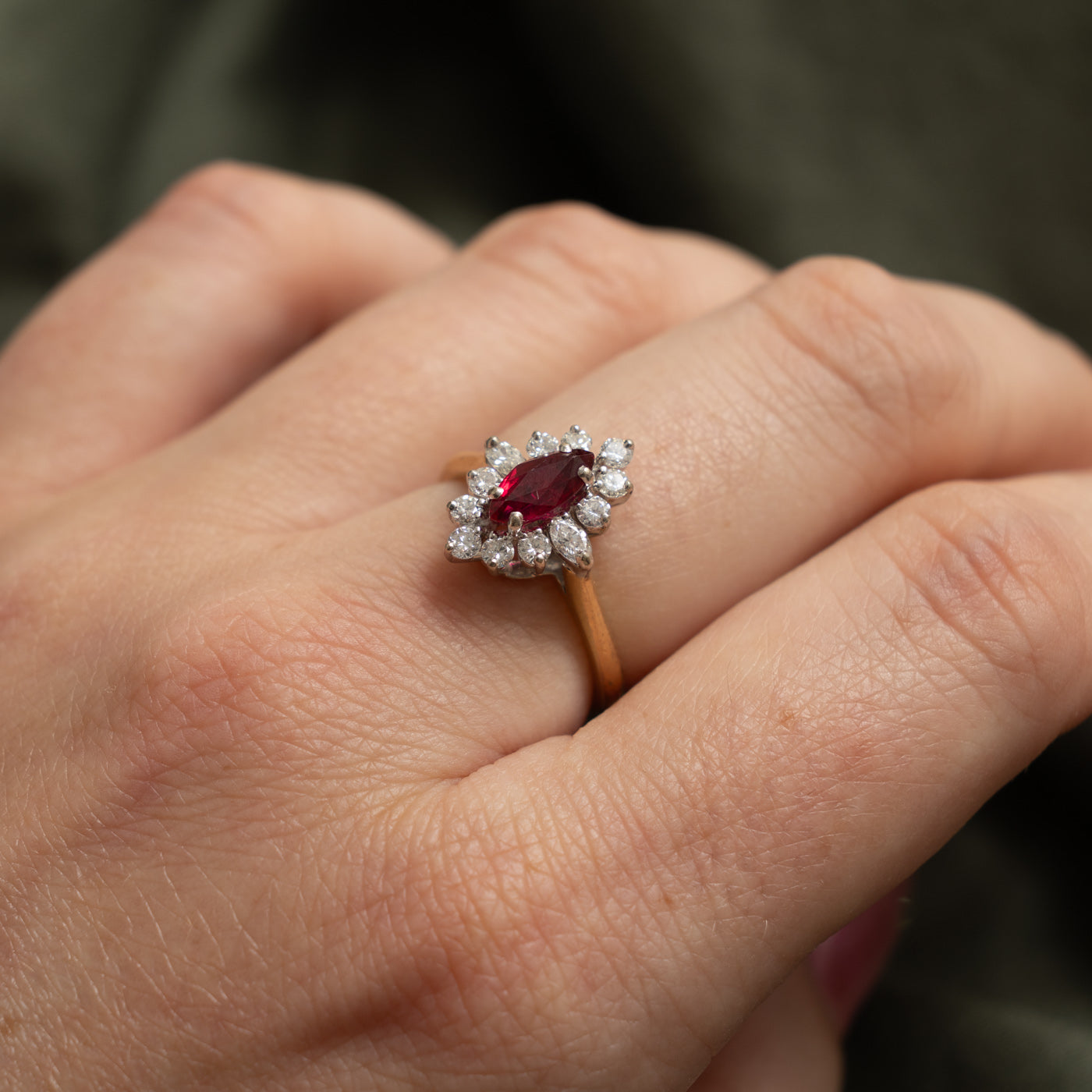 14k Marquise Cut Ruby & Diamond Petal Halo Ring | 0.52ct, 0.42ctw | SZ 6