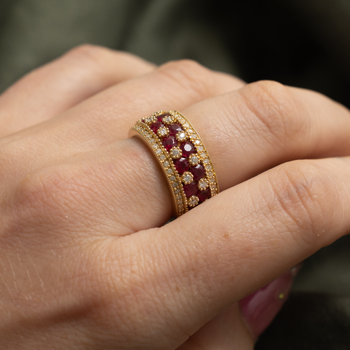 14k Multi Row Ruby & Diamond Milgrain Band | 1.37ct, 0.44ctw | 9.80mm | SZ 7.25