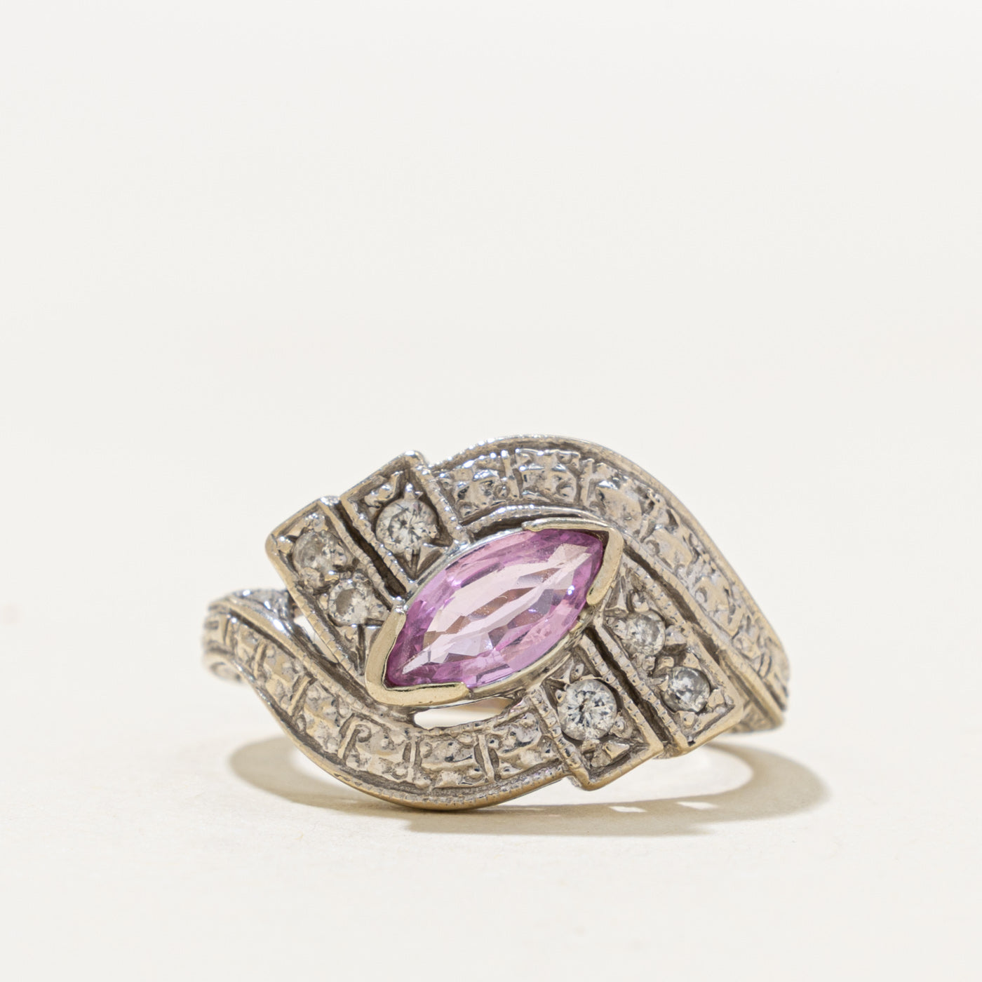 14k Marquise Cut Pink Sapphire & Diamond Geometric Cross Over Ring | 0.50ct, 0.14ctw | SZ 4.75