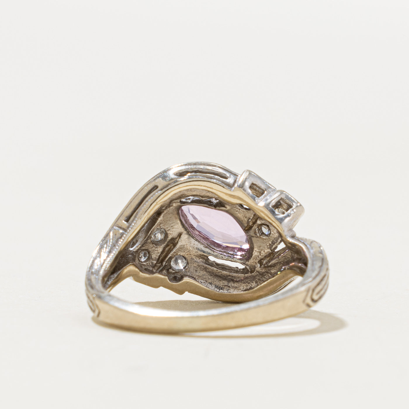 14k Marquise Cut Pink Sapphire & Diamond Geometric Cross Over Ring | 0.50ct, 0.14ctw | SZ 4.75