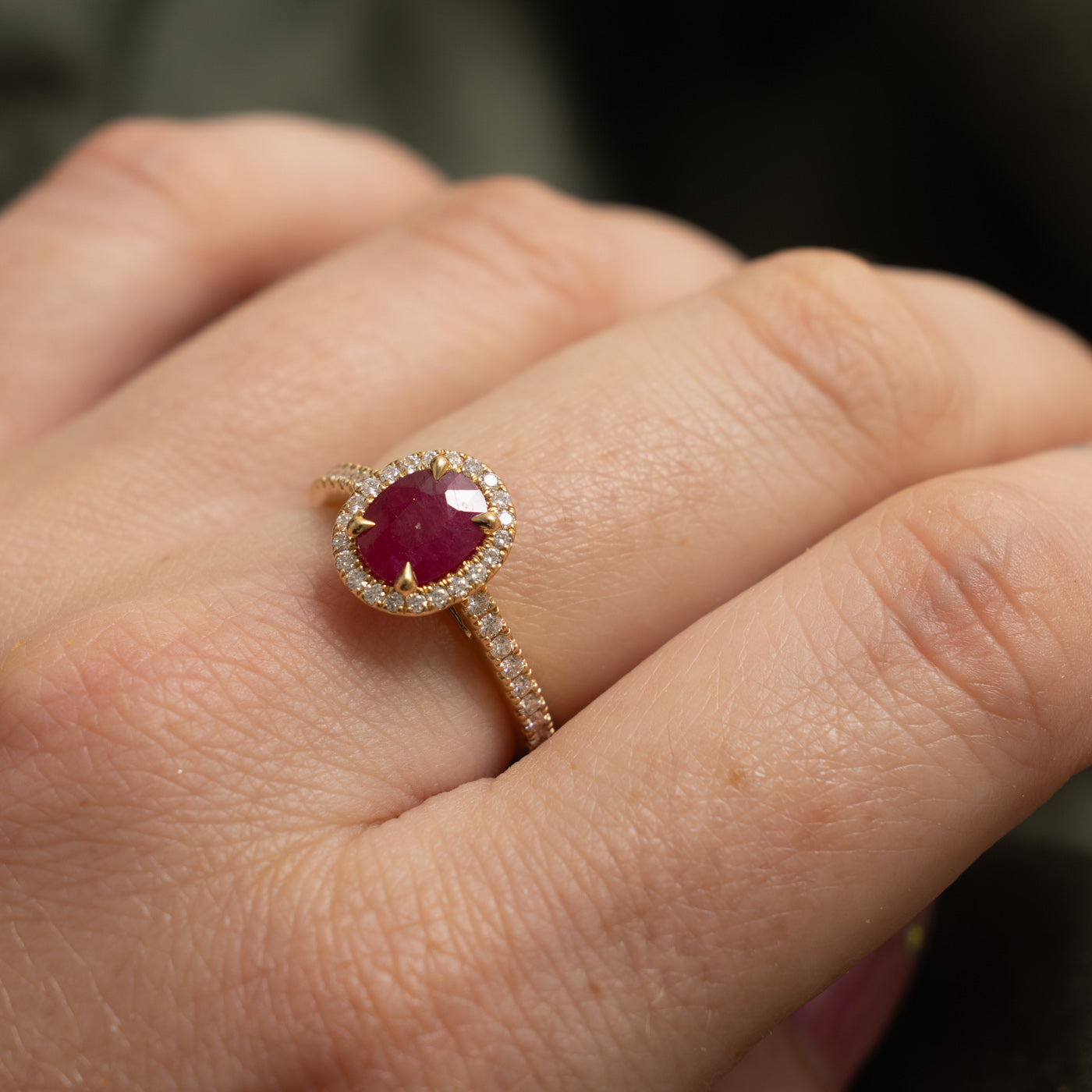 18k Oval Cut Ruby & Diamond Halo Ring | 0.34ct, 0.34ctw | SZ 6.25