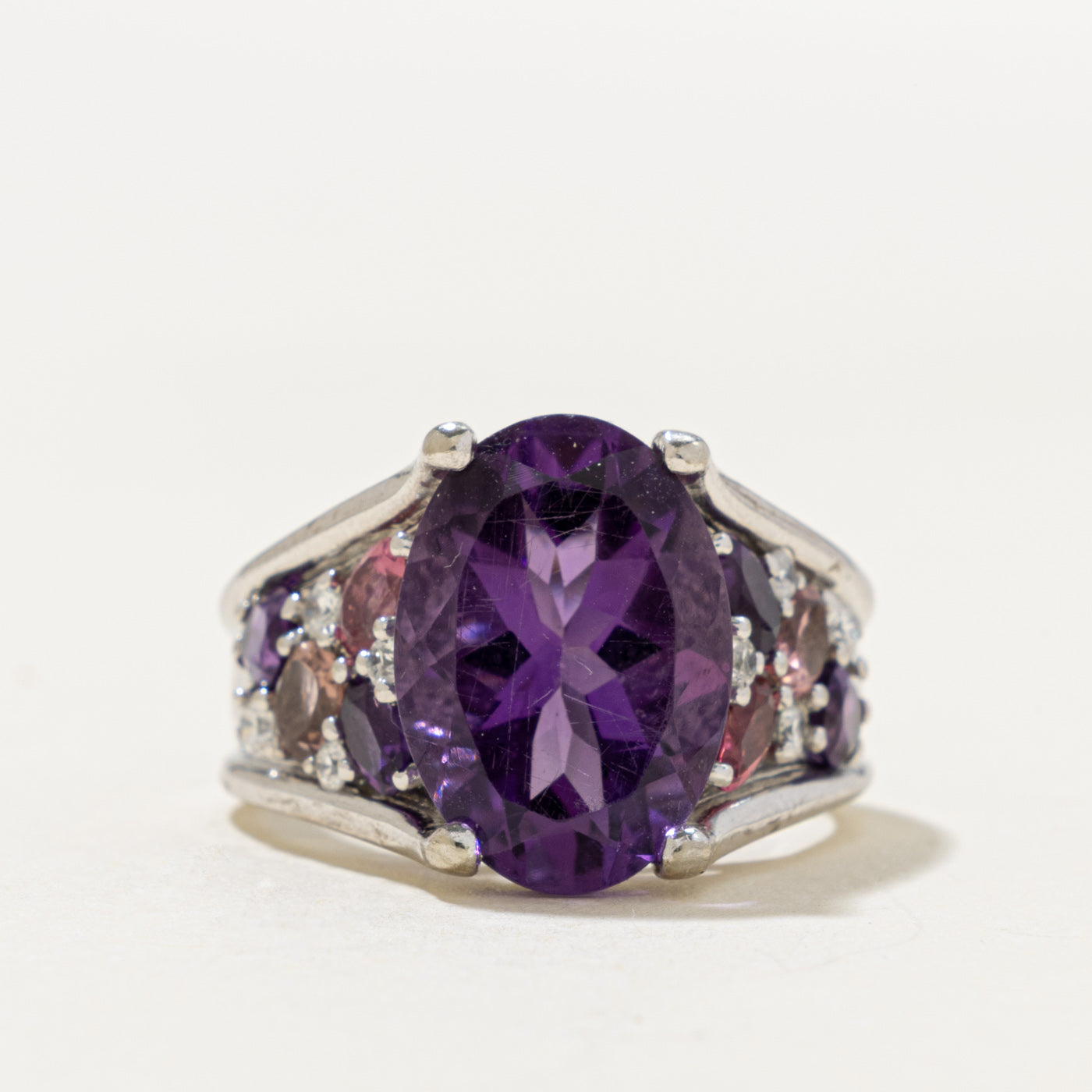 10k Oval Cut Amethyst, Tourmaline & Diamond Cocktail Ring | 5.90ctw, 0.16ctw | SZ 6
