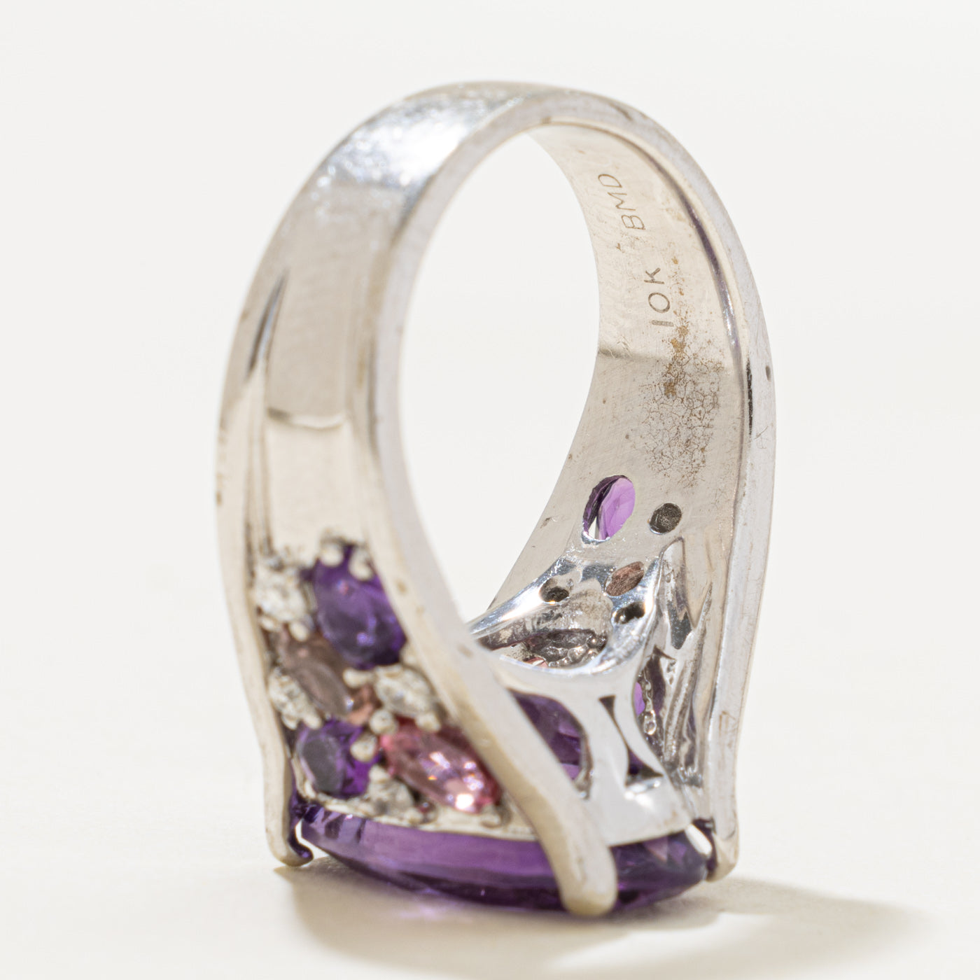 10k Oval Cut Amethyst, Tourmaline & Diamond Cocktail Ring | 5.90ctw, 0.16ctw | SZ 6