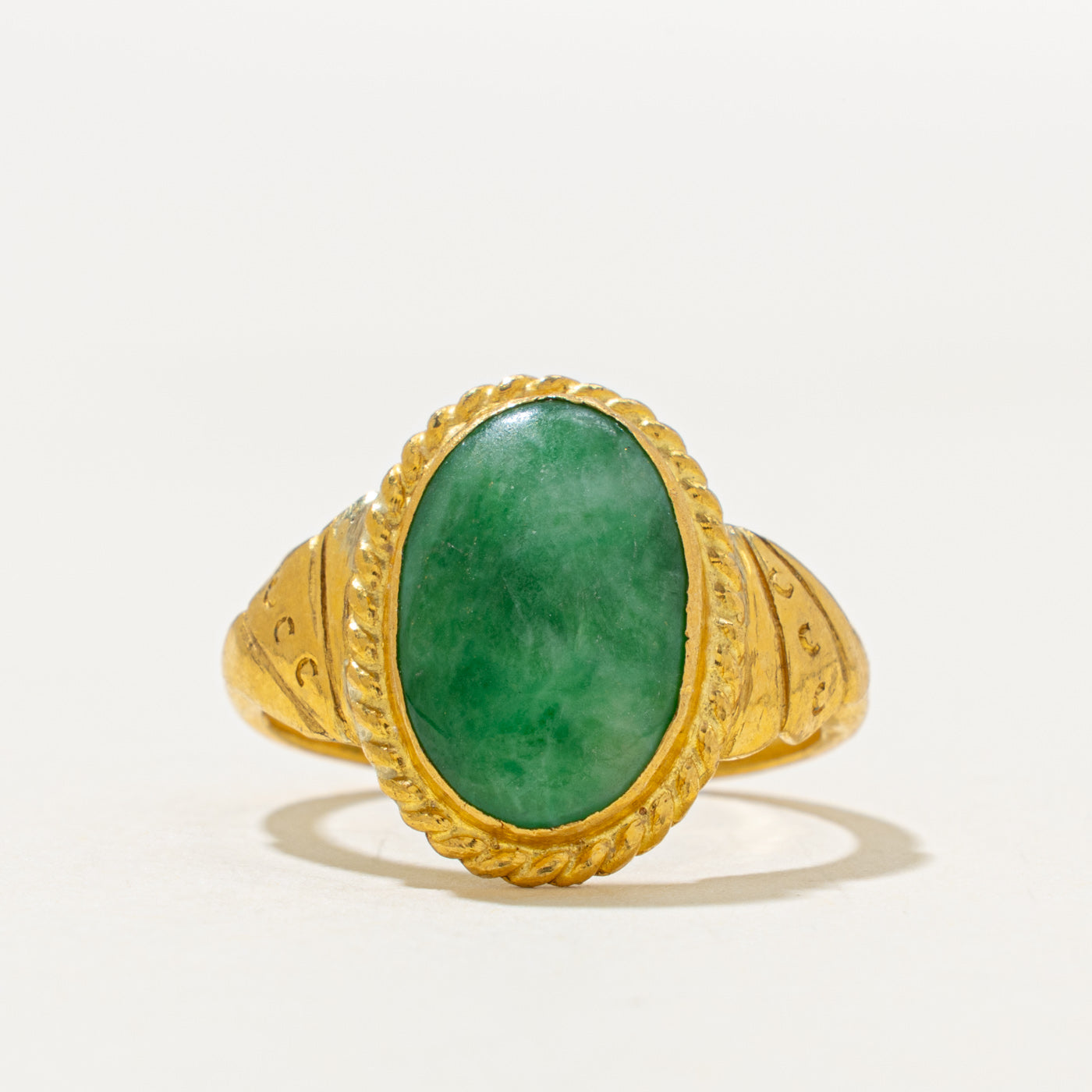 24k Oval Cabochon Jadeite Rope Textured Ring | 3.26ct | SZ 6.5