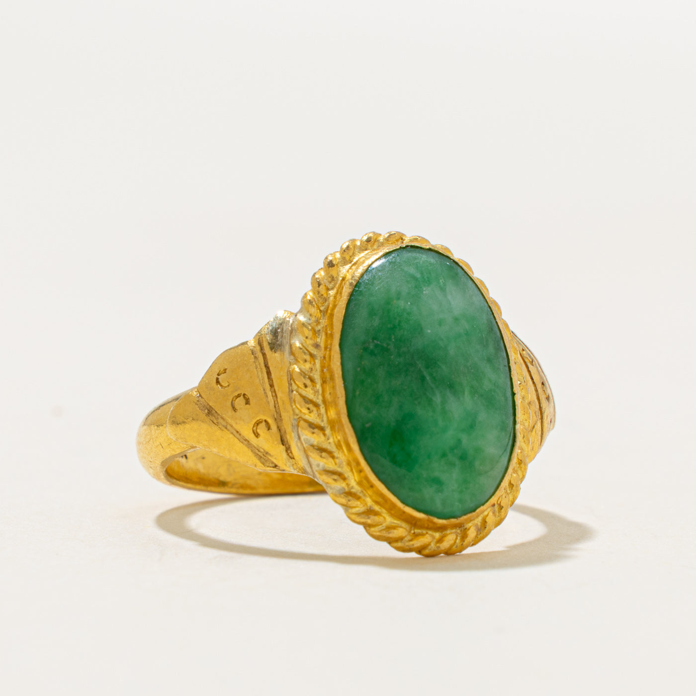 24k Oval Cabochon Jadeite Rope Textured Ring | 3.26ct | SZ 6.5