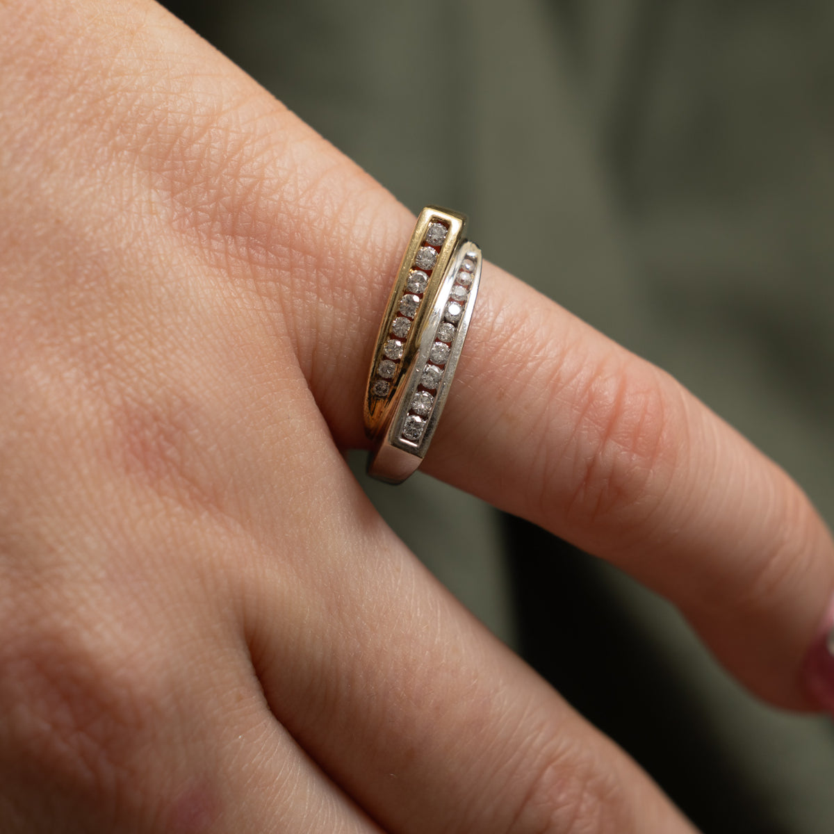 14k Two Tone Double Row Diamond Grooved Bypass Ring | 0.65ctw | SZ 5.5