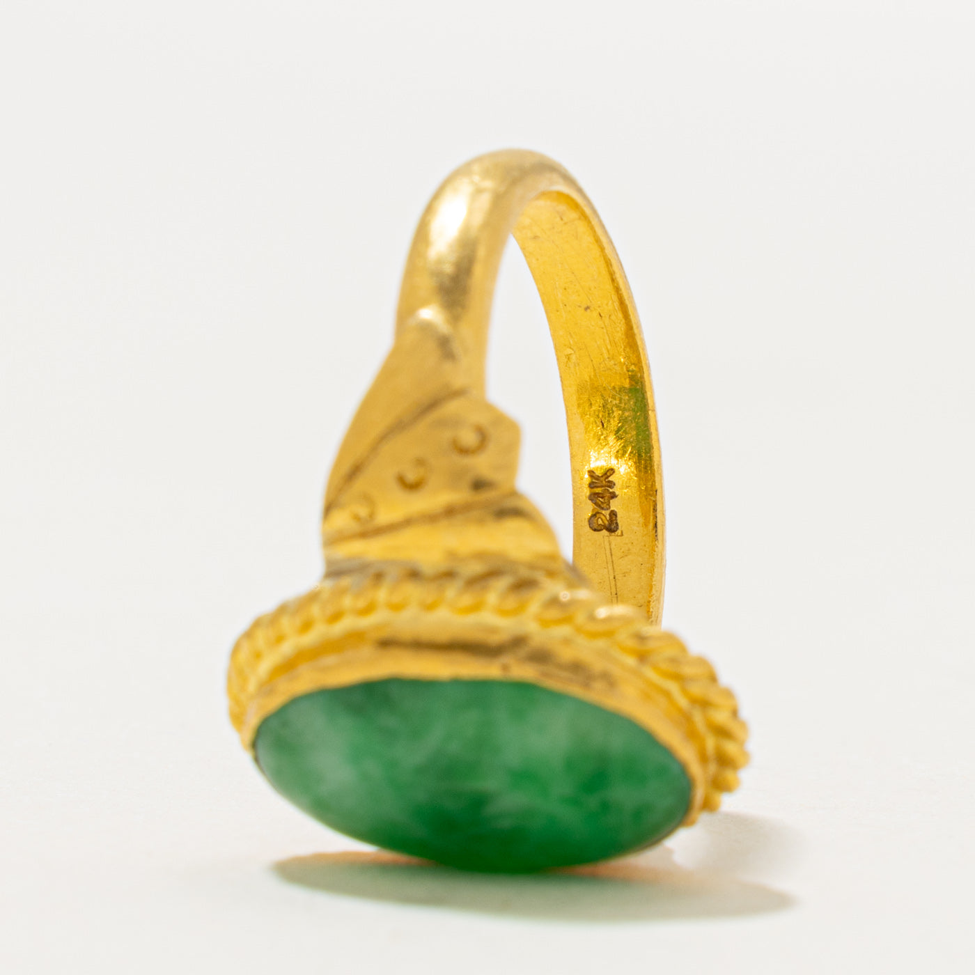 24k Oval Cabochon Jadeite Rope Textured Ring | 3.26ct | SZ 6.5