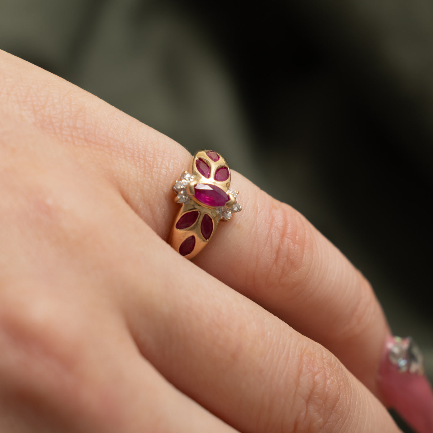10k Marquise Cut Ruby & Diamond Accented Floral Ring | 0.70ct, 0.03ctw | SZ 2.5