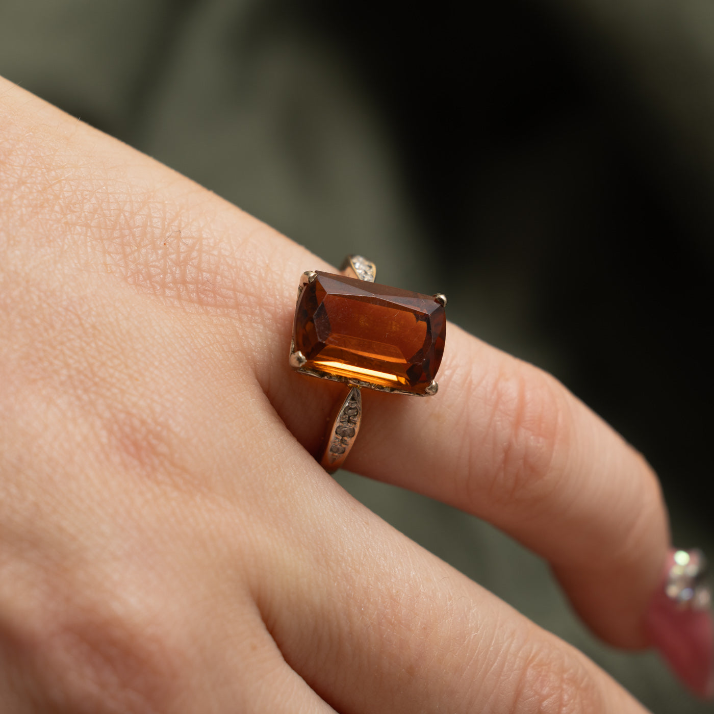 14k Rectangle Cut Citrine & Diamond Accented Cocktail Ring | 4.50ct, 0.06ctw | SZ 5.25