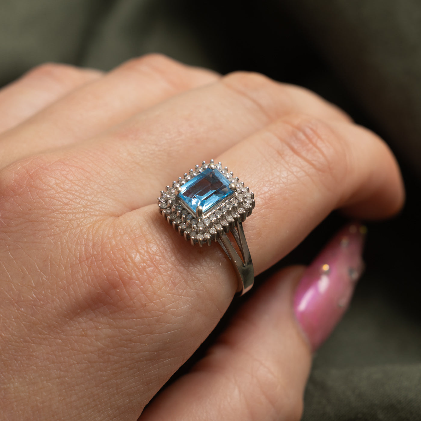 10k Emerald Cut Blue Topaz & Diamond Double Halo Ring | 2.00ct, 0.30ctw | SZ 8