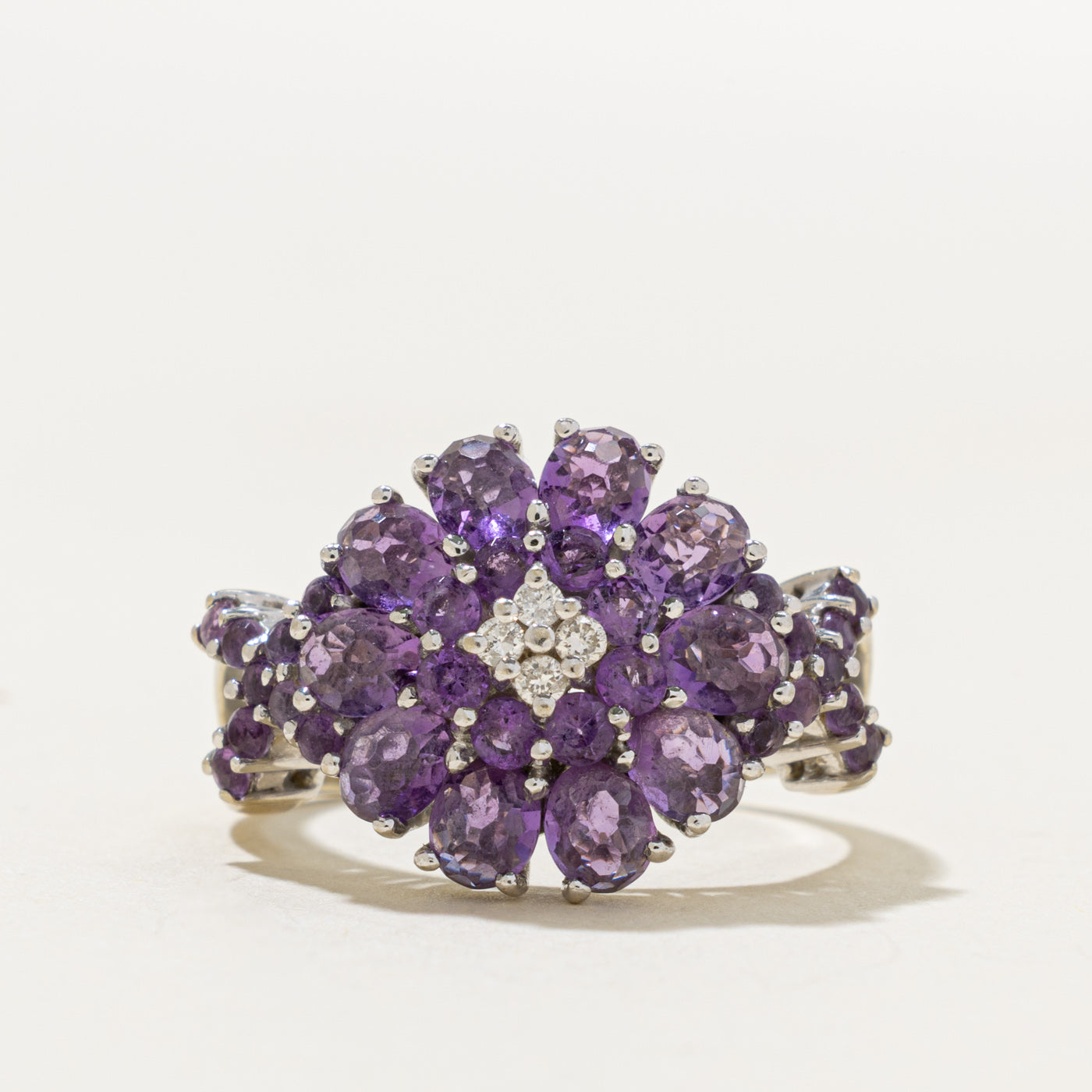 14k Amethyst & Diamond Floral Cluster Cocktail Ring | 2.00ct, 0.08ctw | SZ 8.5