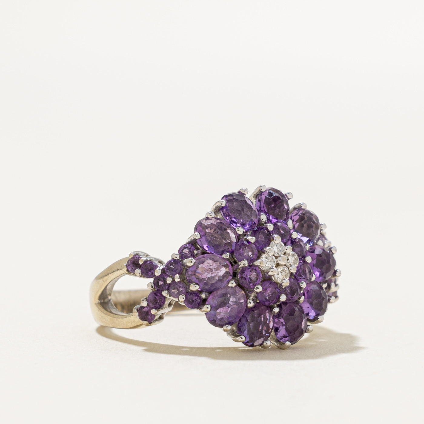 14k Amethyst & Diamond Floral Cluster Cocktail Ring | 2.00ct, 0.08ctw | SZ 8.5