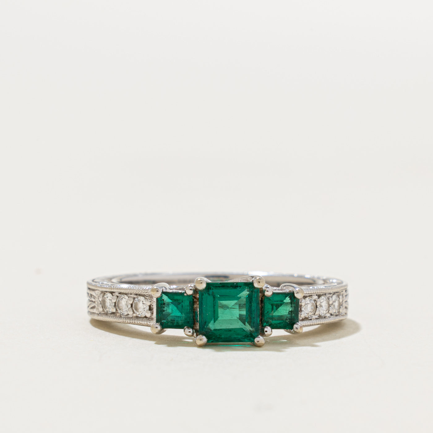 14k Three Stone Synthetic Emerald & Diamond Engraved Ring | 0.85ct, 0.12ctw | SZ 7