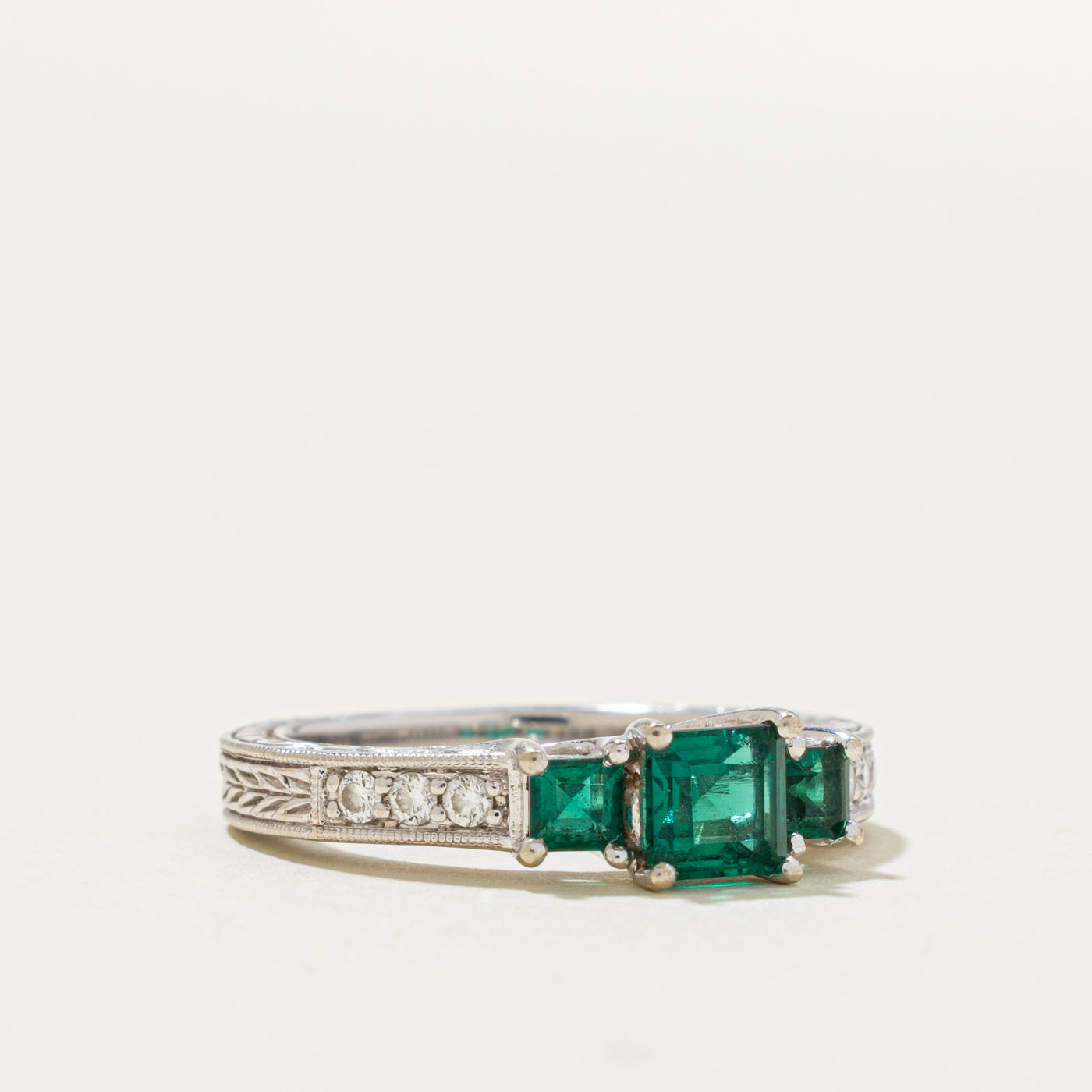 14k Three Stone Synthetic Emerald & Diamond Engraved Ring | 0.85ct, 0.12ctw | SZ 7