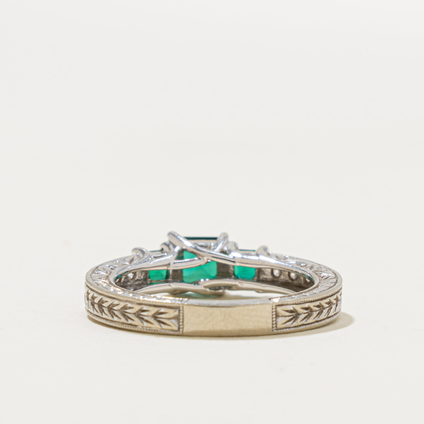 14k Three Stone Synthetic Emerald & Diamond Engraved Ring | 0.85ct, 0.12ctw | SZ 7