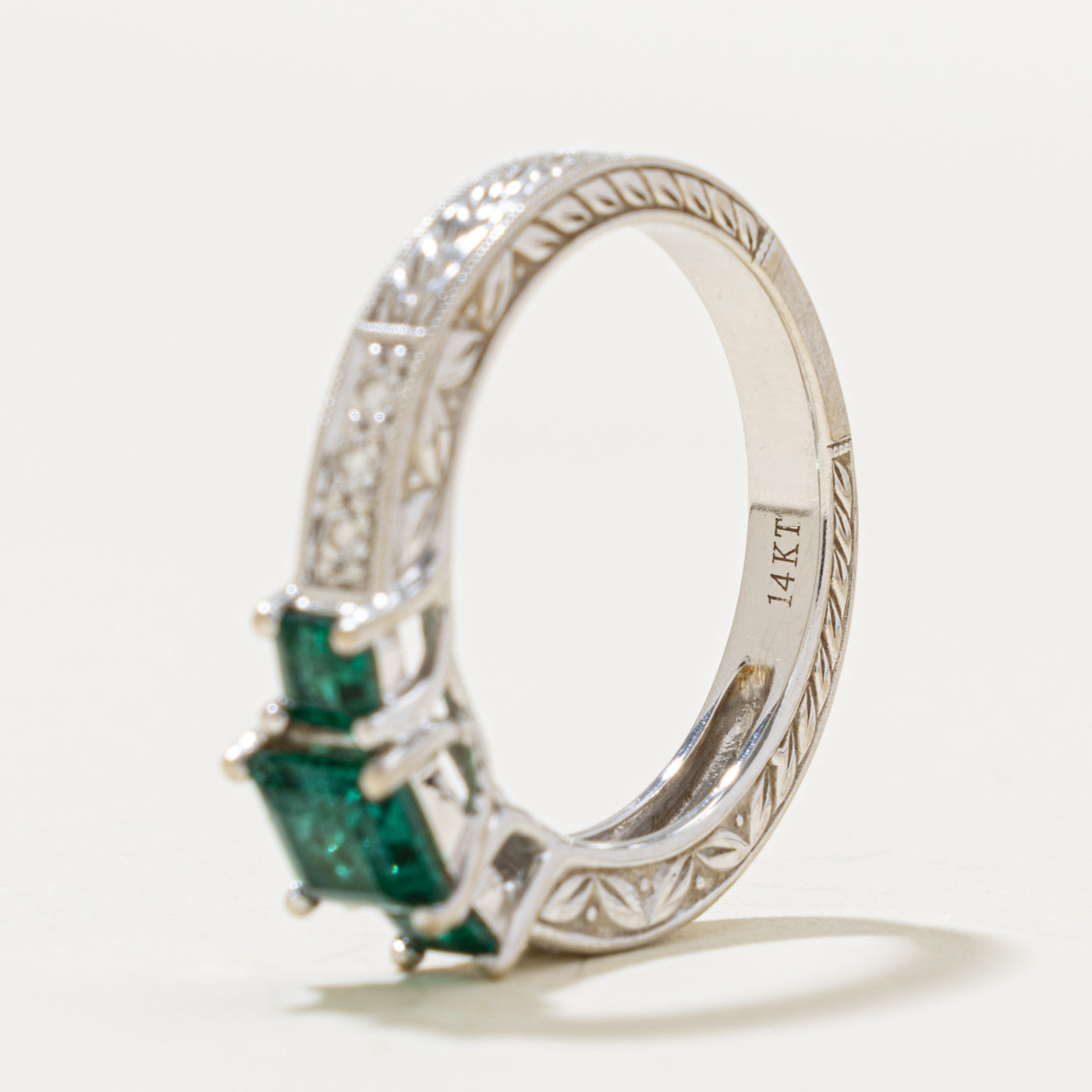 14k Three Stone Synthetic Emerald & Diamond Engraved Ring | 0.85ct, 0.12ctw | SZ 7