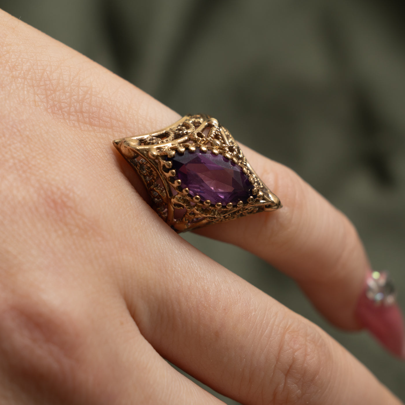 10k Synthetic Sapphire Openwork Navette Ring | 3.70ct | SZ 5