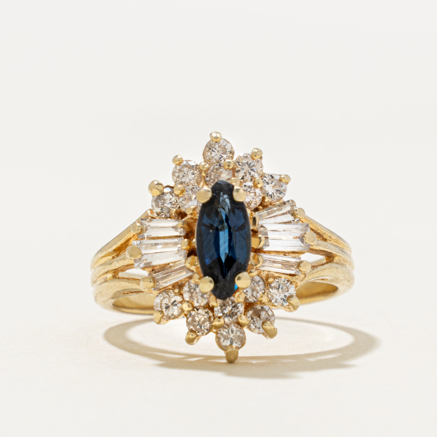 14k Marquise Cut Sapphire & Diamond Halo Ornate Cocktail Ring | 0.50ct, 0.62ctw | SZ 5.25