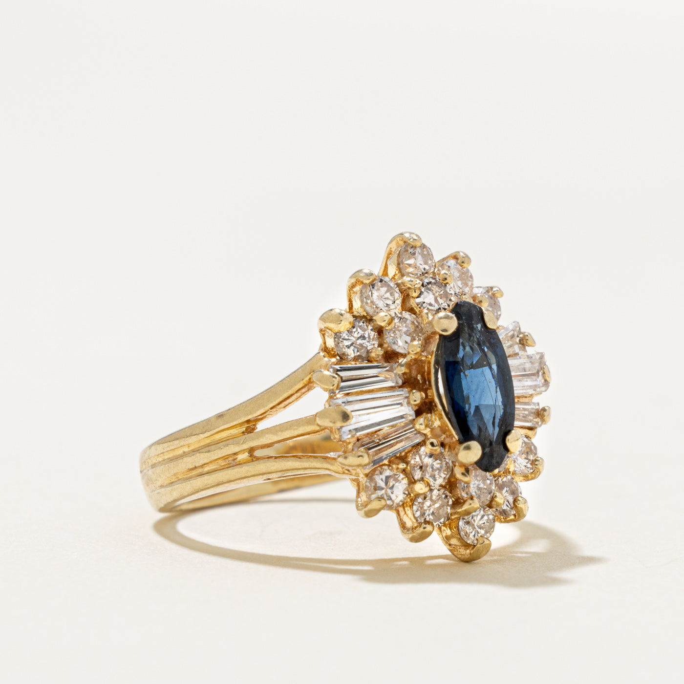 14k Marquise Cut Sapphire & Diamond Halo Ornate Cocktail Ring | 0.50ct, 0.62ctw | SZ 5.25