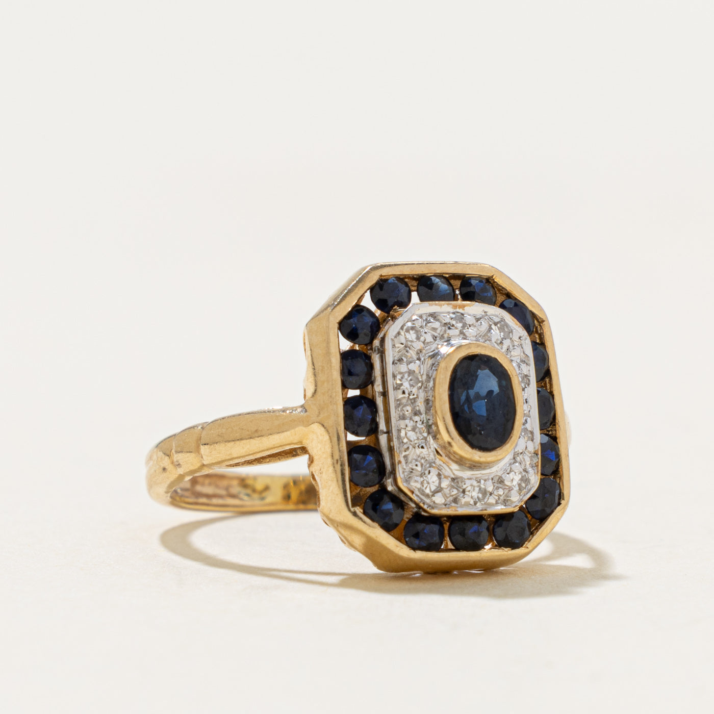 14k Bezel Set Sapphire & Diamond Halo Geometric Ring | 0.60ct, 0.10ctw | SZ 3
