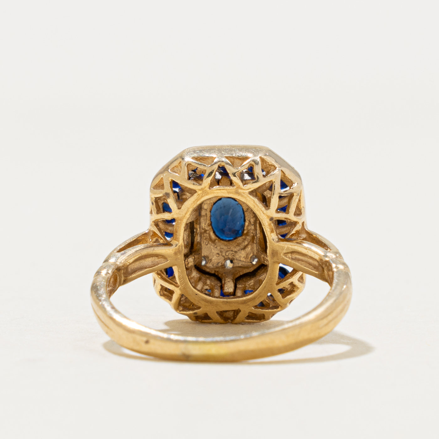 14k Bezel Set Sapphire & Diamond Halo Geometric Ring | 0.60ct, 0.10ctw | SZ 3
