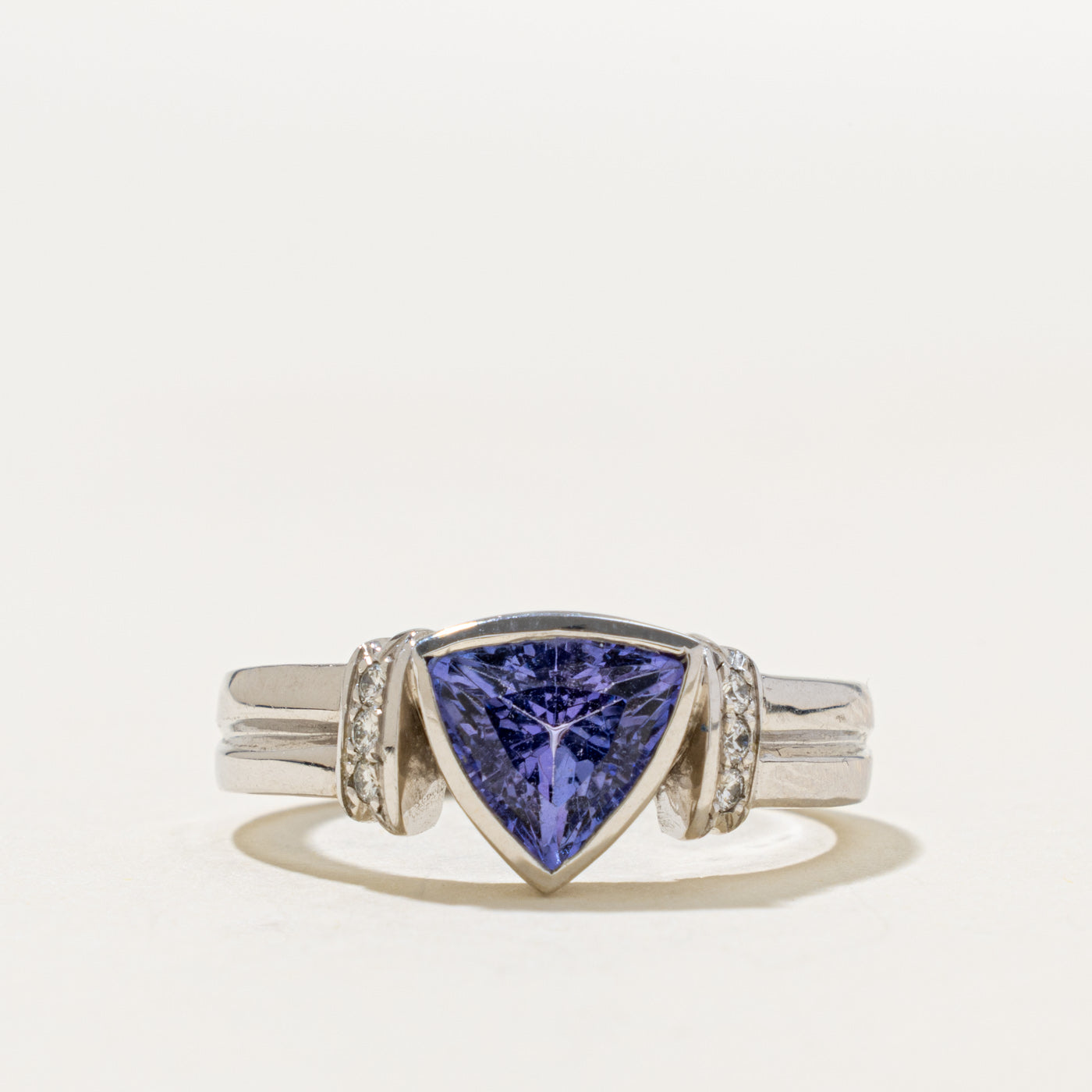 14k Bezel Set Trillion Cut Tanzanite & Diamond Grooved Ring | 1.80ct, 0.10ctw | SZ 8