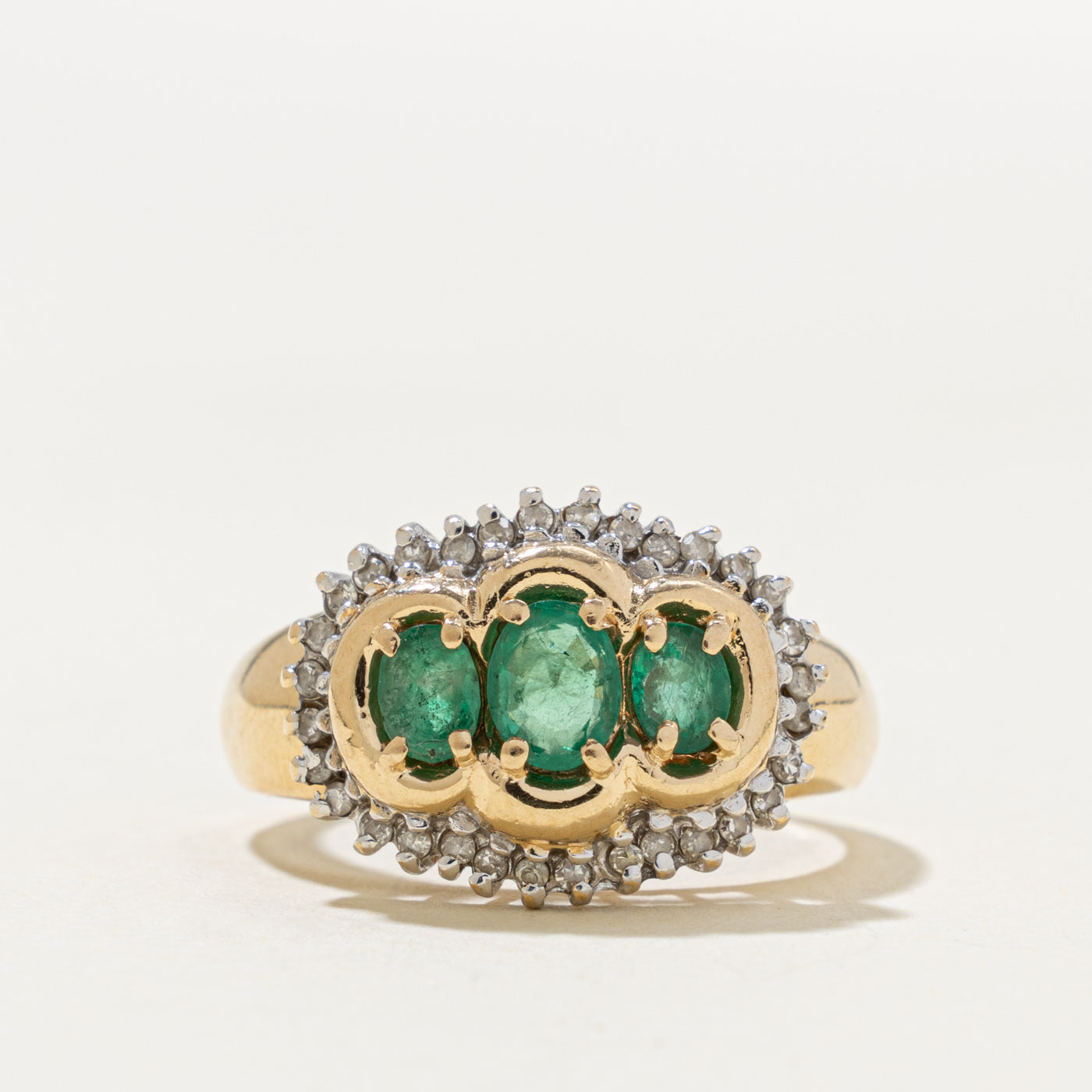 14k Three Stone Emerald & Diamond Petal Halo Ring | 0.50ctw, 0.16ctw | SZ 7