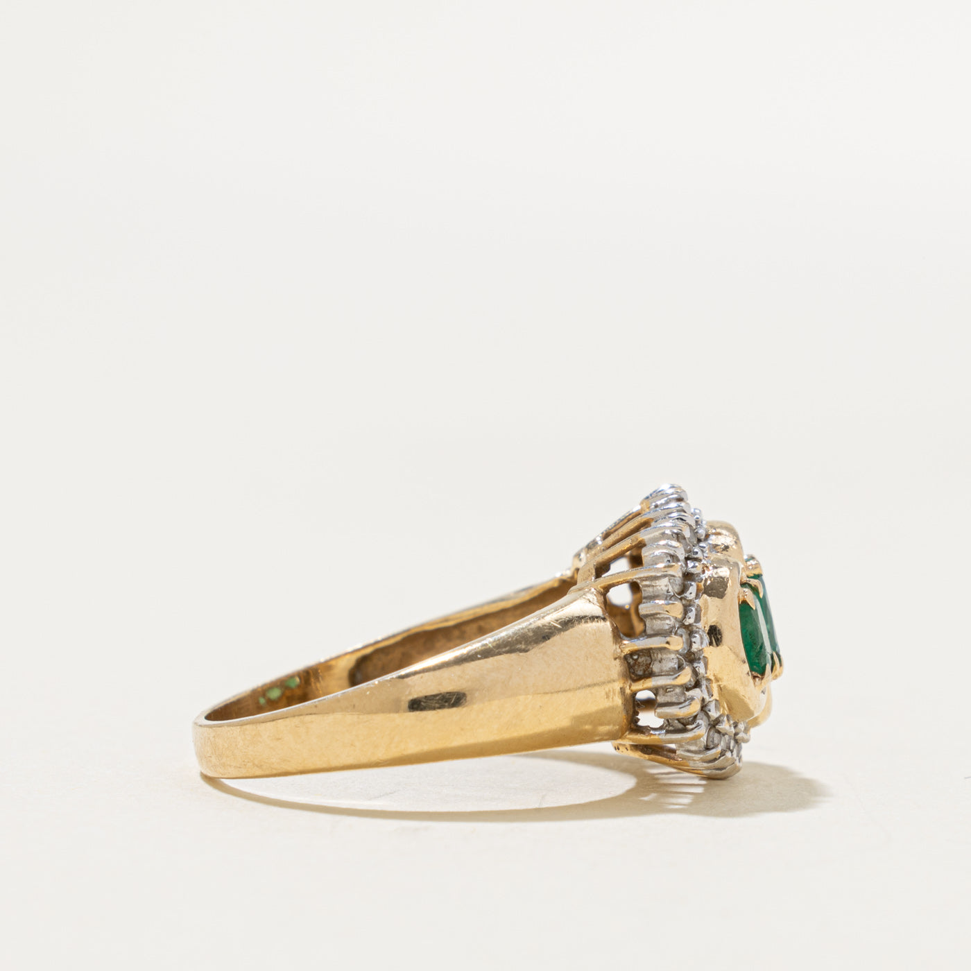 14k Three Stone Emerald & Diamond Petal Halo Ring | 0.50ctw, 0.16ctw | SZ 7