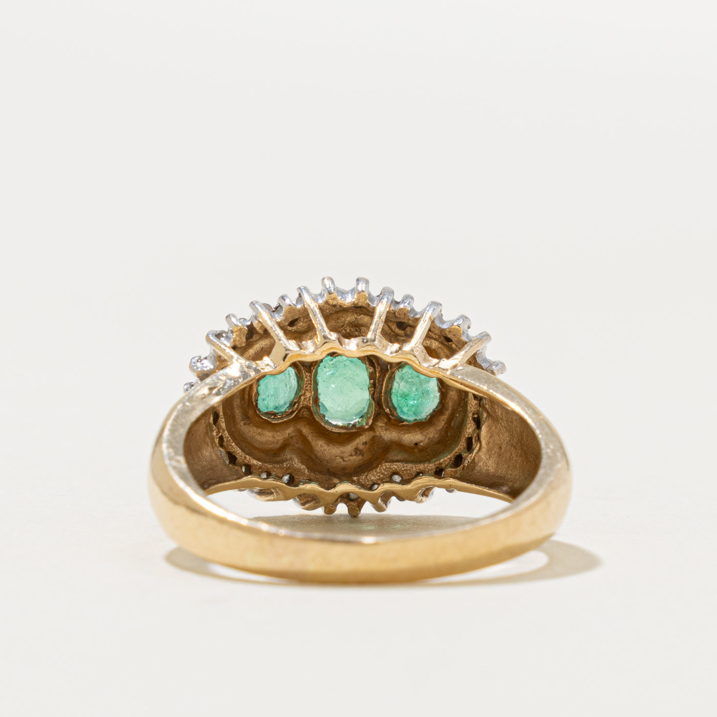 14k Three Stone Emerald & Diamond Petal Halo Ring | 0.50ctw, 0.16ctw | SZ 7