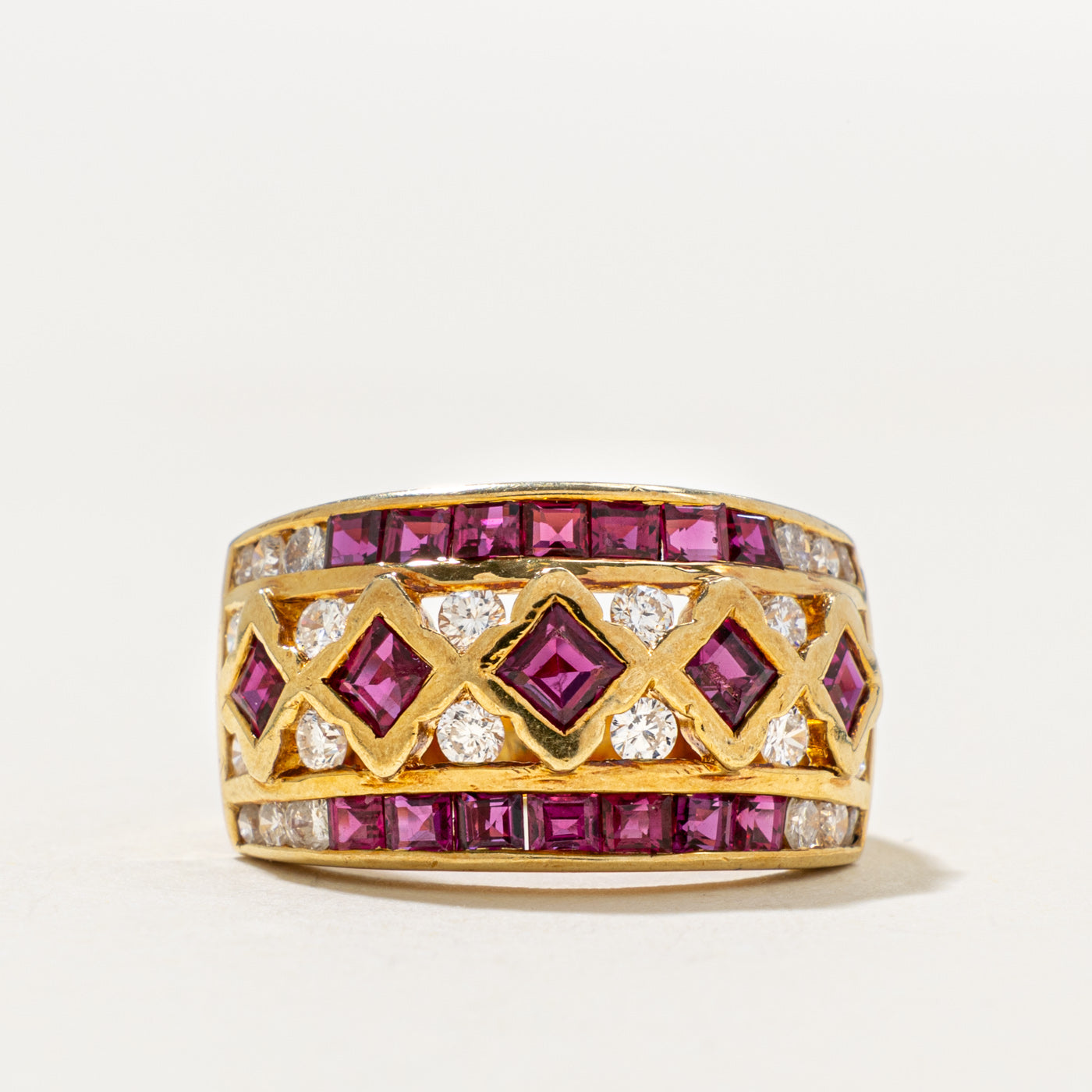 18k Multi Row Ruby & Diamond Geometric Cocktail Ring | 1.30ct, 0.44ctw | SZ 5