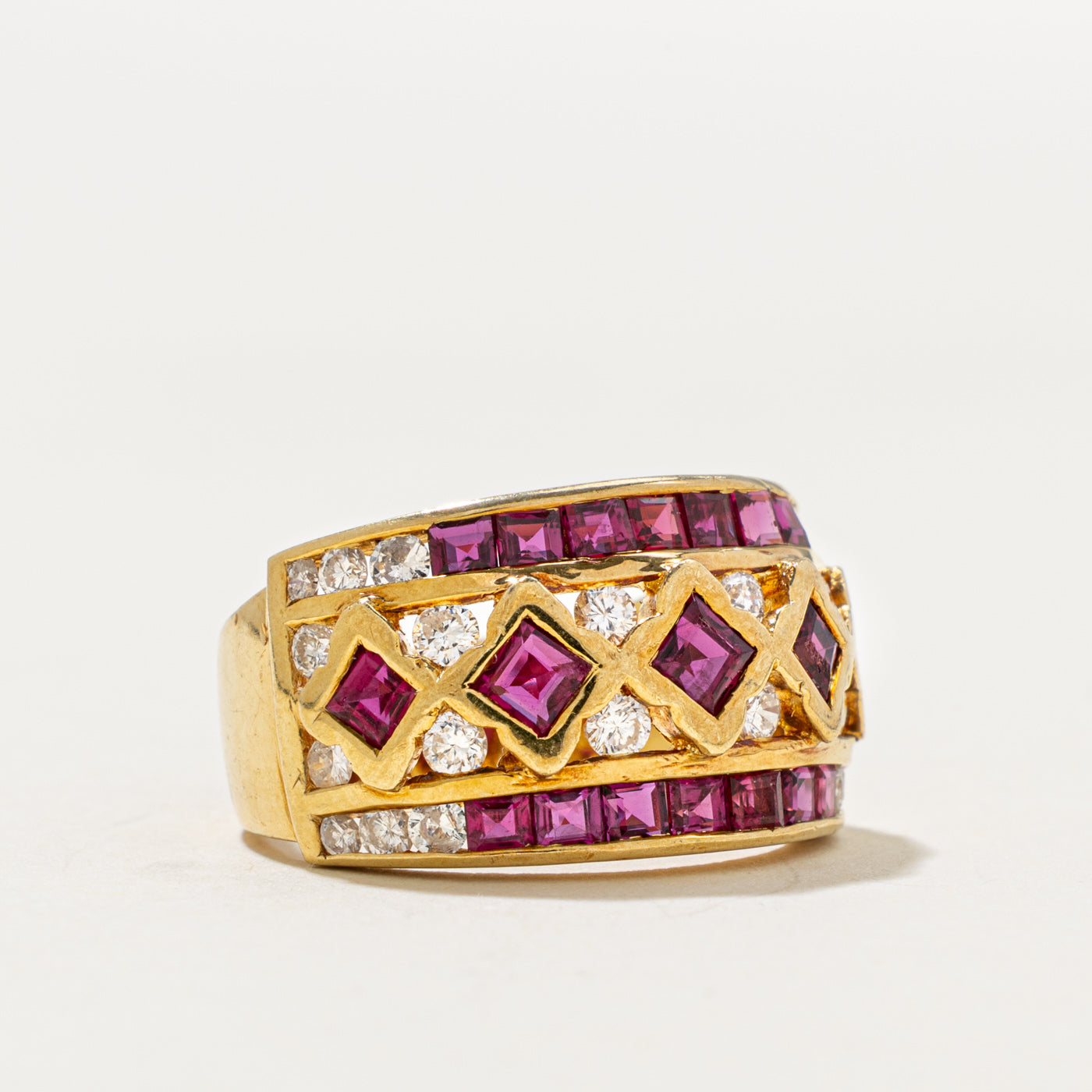 18k Multi Row Ruby & Diamond Geometric Cocktail Ring | 1.30ct, 0.44ctw | SZ 5