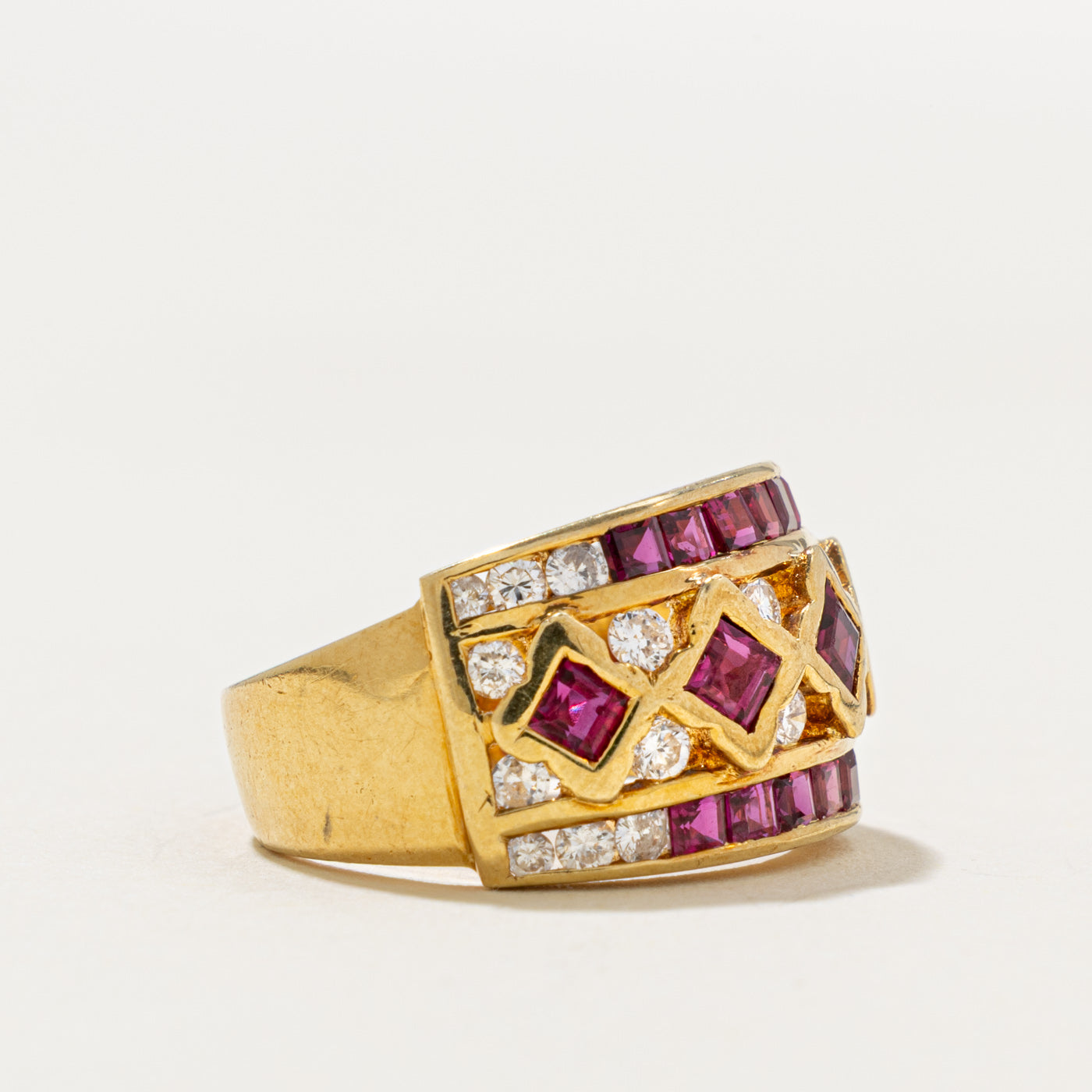18k Multi Row Ruby & Diamond Geometric Cocktail Ring | 1.30ct, 0.44ctw | SZ 5