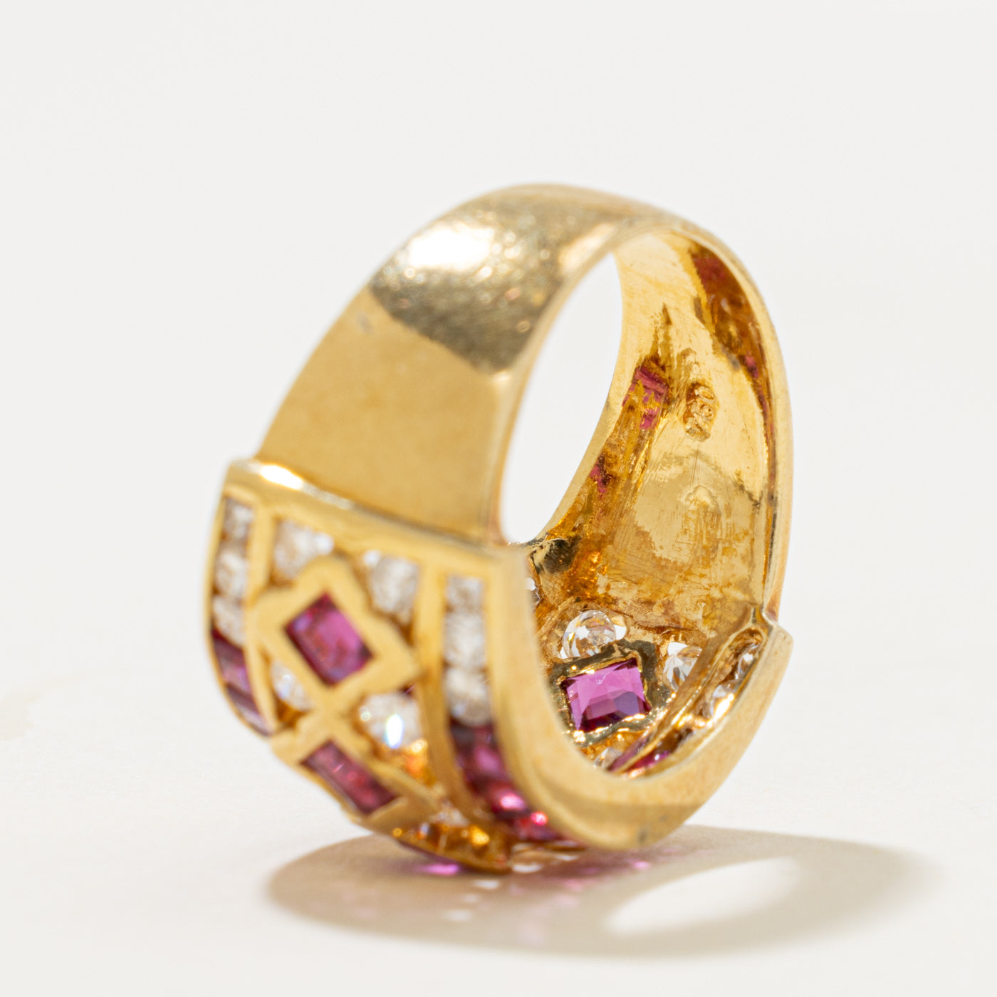 18k Multi Row Ruby & Diamond Geometric Cocktail Ring | 1.30ct, 0.44ctw | SZ 5
