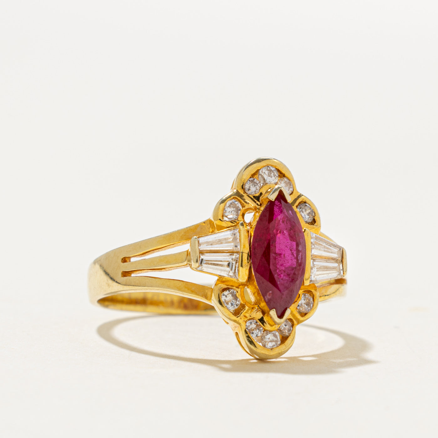 14k Marquise Cut Ruby & Diamond Scalloped Halo Ring | 0.9ct, 0.28ctw | SZ 8.5