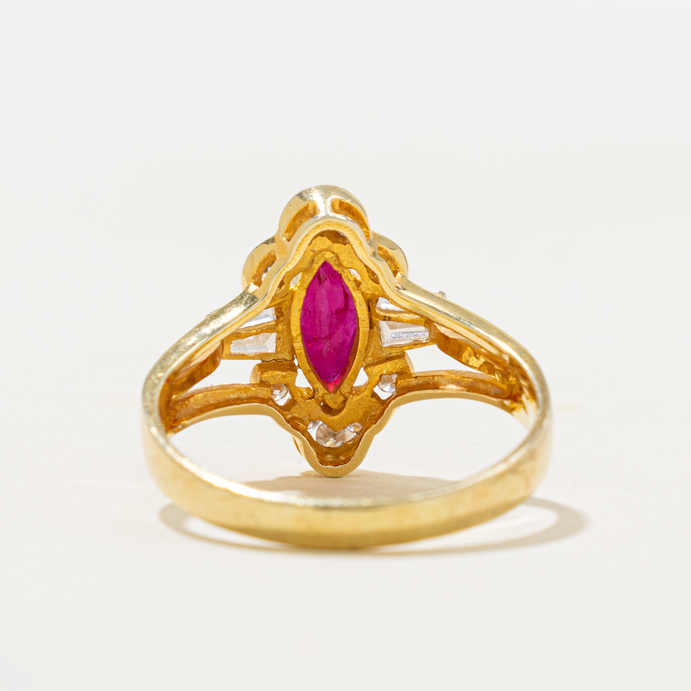 14k Marquise Cut Ruby & Diamond Scalloped Halo Ring | 0.9ct, 0.28ctw | SZ 8.5
