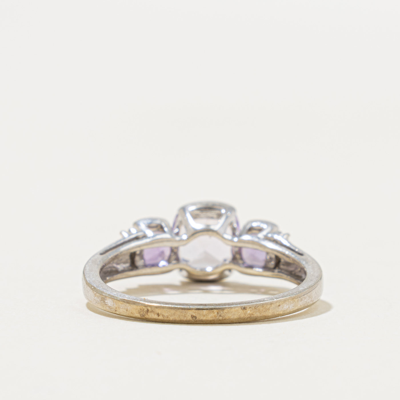 10k Three Stone Cushion Cut Scapolite, Amethyst & Diamond Ring | 1.38ctw, 0.01ctw | SZ 6.5