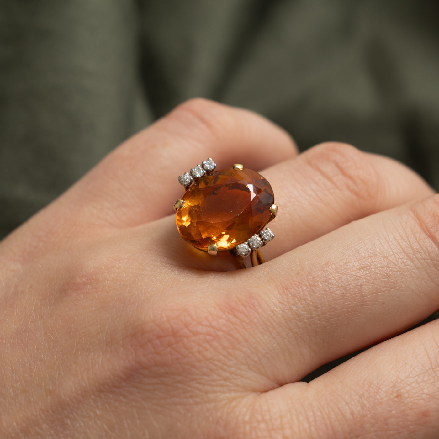 17k Oval Cut Citrine & Diamond Accented Cocktail Ring | 10.55ct, 0.12ctw | SZ 7.5