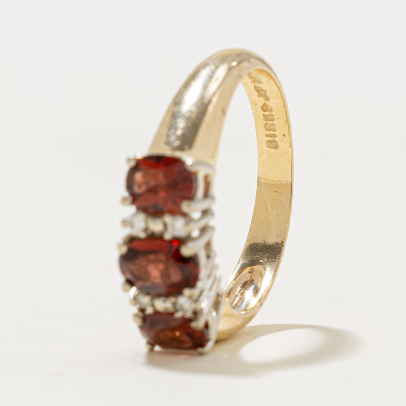 'Birks' Three Stone Garnet & Diamond Accented Ring | 1.00ctw, 0.04ctw | SZ 6.5