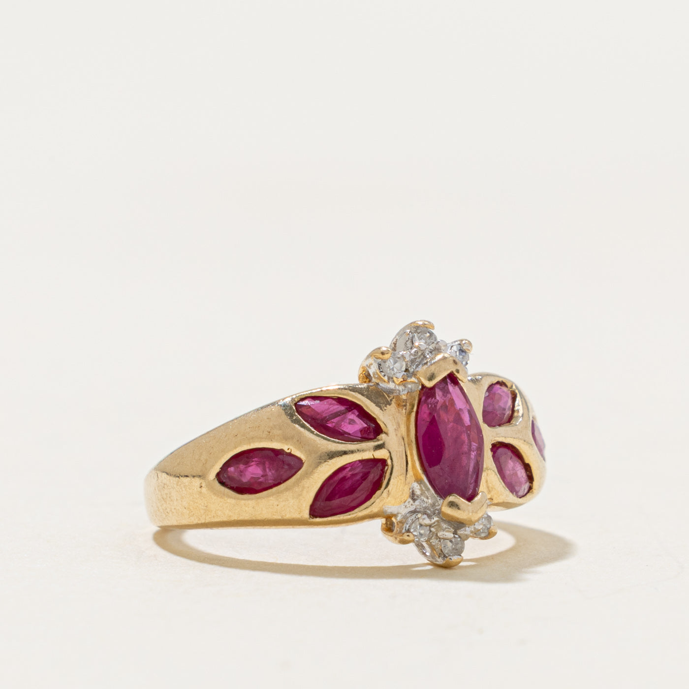 10k Marquise Cut Ruby & Diamond Accented Floral Ring | 0.70ct, 0.03ctw | SZ 2.5