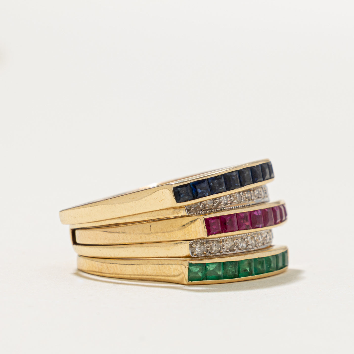 14k Multi Row Ruby, Sapphire, Emerald & Diamond Stacked Band | 1.00ct, 0.16ctw | 6.00mm | SZ 6