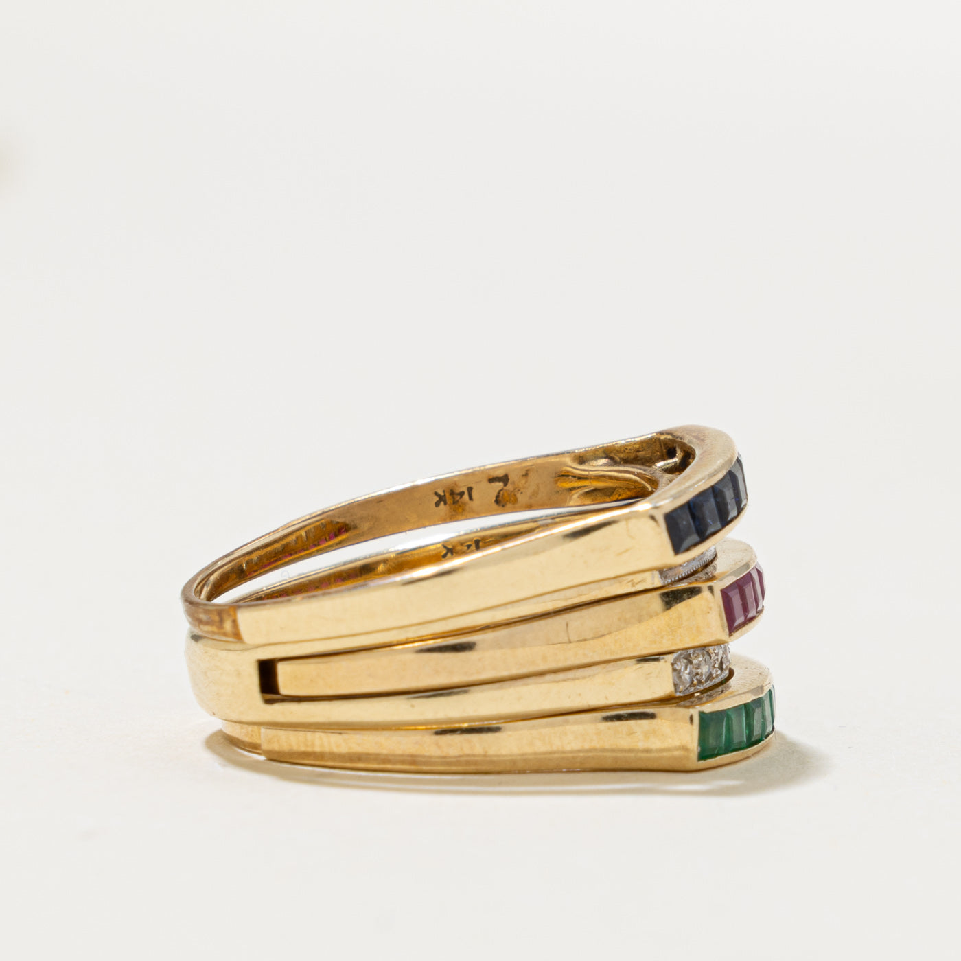 14k Multi Row Ruby, Sapphire, Emerald & Diamond Stacked Band | 1.00ct, 0.16ctw | 6.00mm | SZ 6