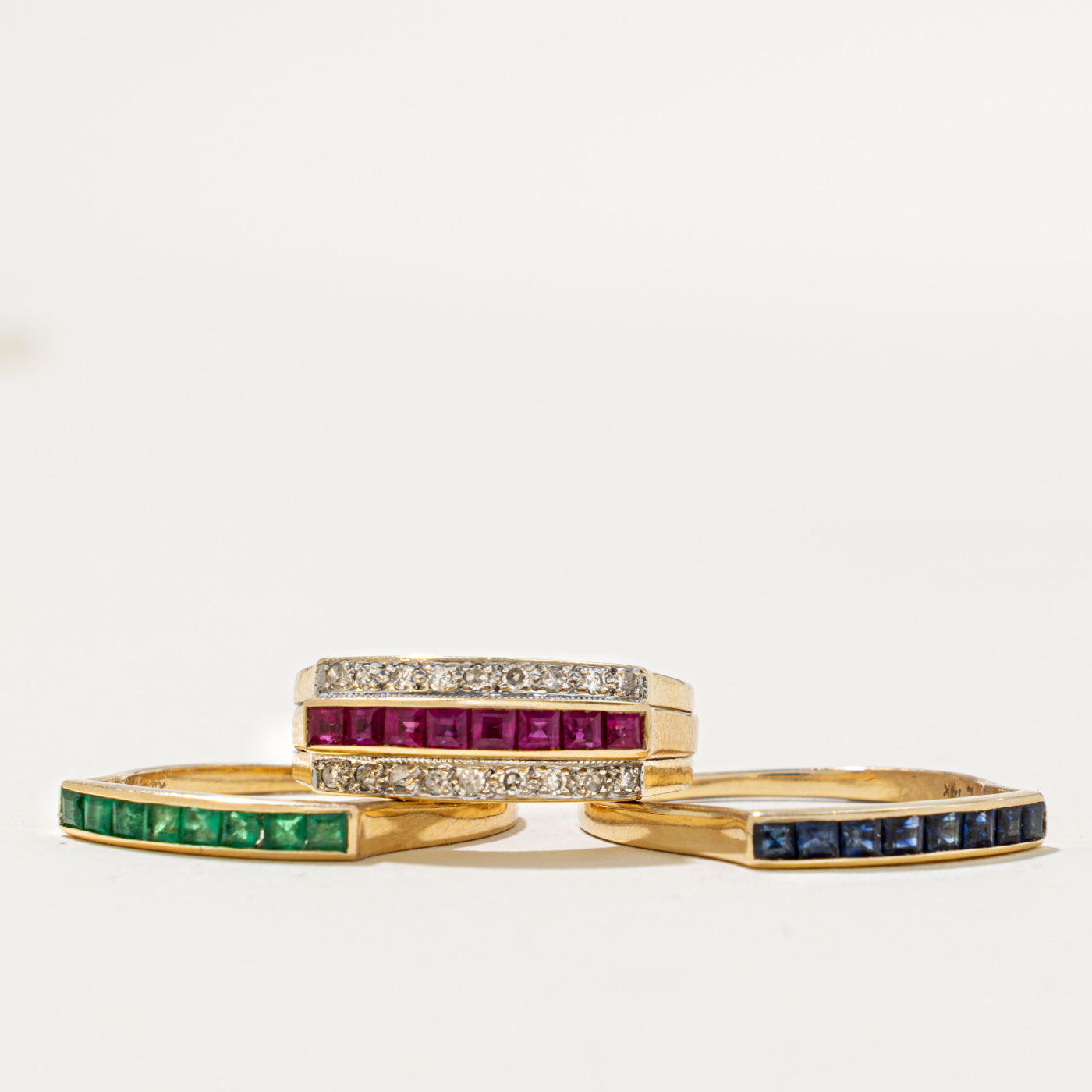14k Multi Row Ruby, Sapphire, Emerald & Diamond Stacked Band | 1.00ct, 0.16ctw | 6.00mm | SZ 6