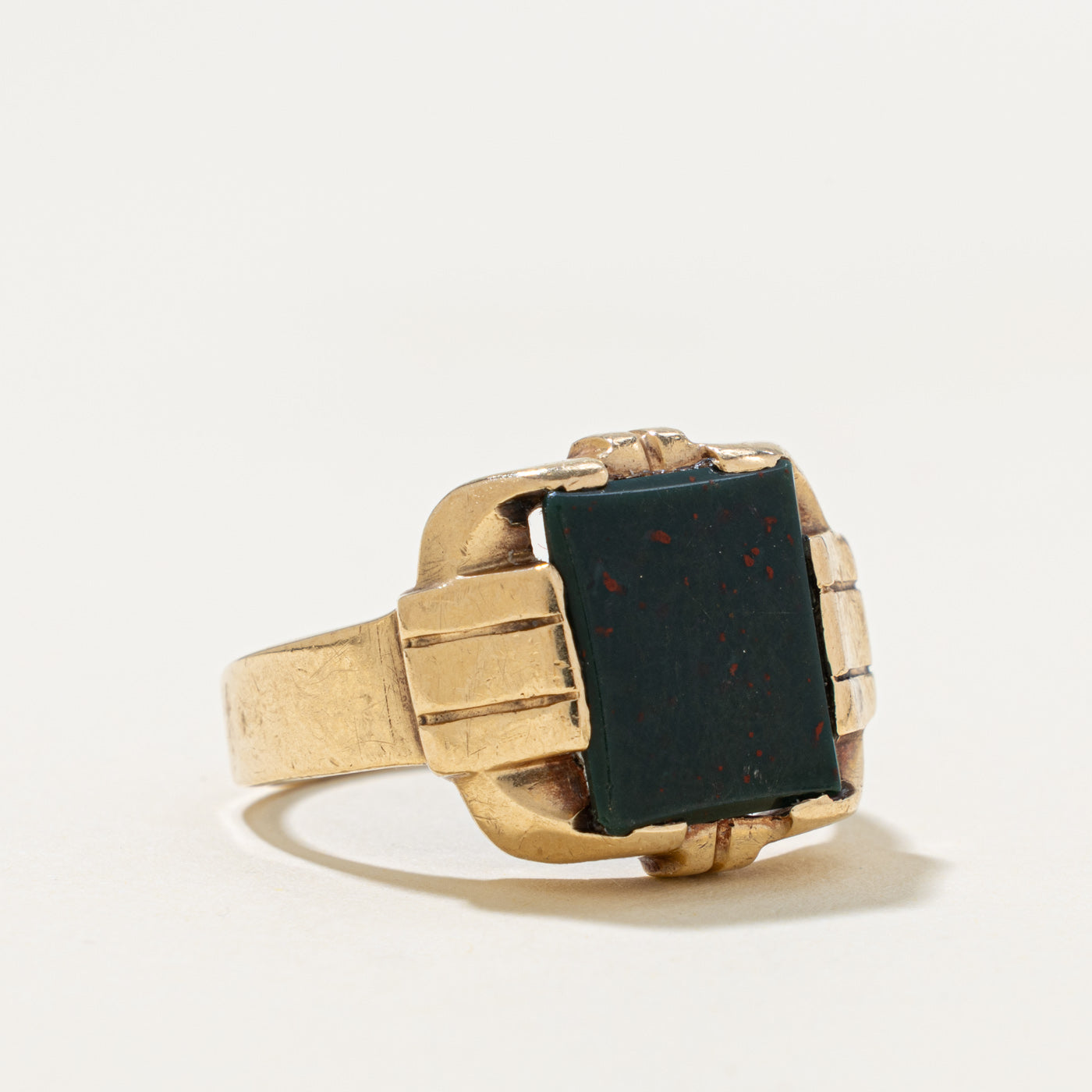 10k Solitaire Bloodstone Grooved Signet Ring | 4.80ct | SZ 9.25