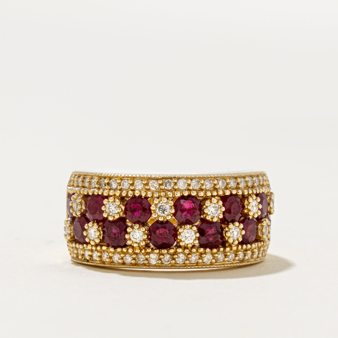 14k Multi Row Ruby & Diamond Milgrain Band | 1.37ct, 0.44ctw | 9.80mm | SZ 7.25